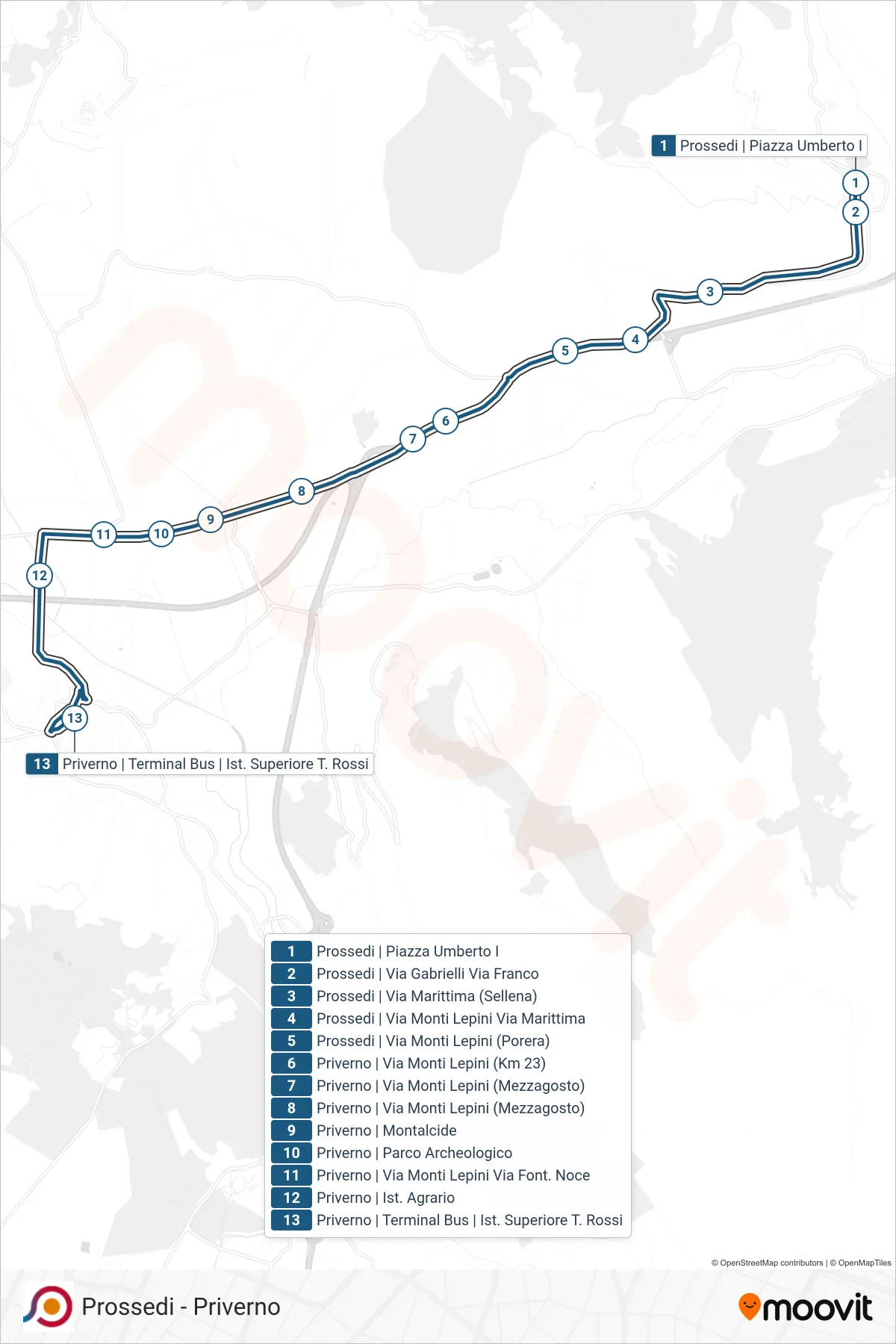 Linea COTRAL bus (Prossedi | Piazza Umberto I→Priverno | Terminal Bus | Ist. Superiore T. Rossi) - Percorsi e fermate sulla mappa