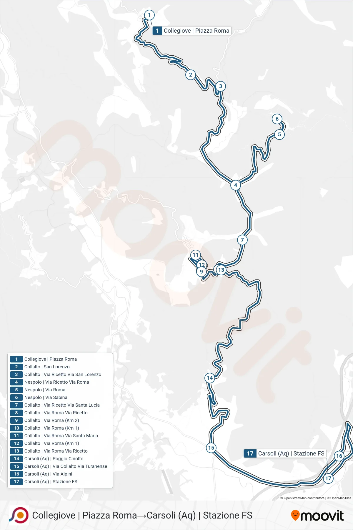 Linea COTRAL bus (Collegiove | Piazza Roma→Carsoli (Aq) | Stazione FS) - Percorsi e fermate sulla mappa