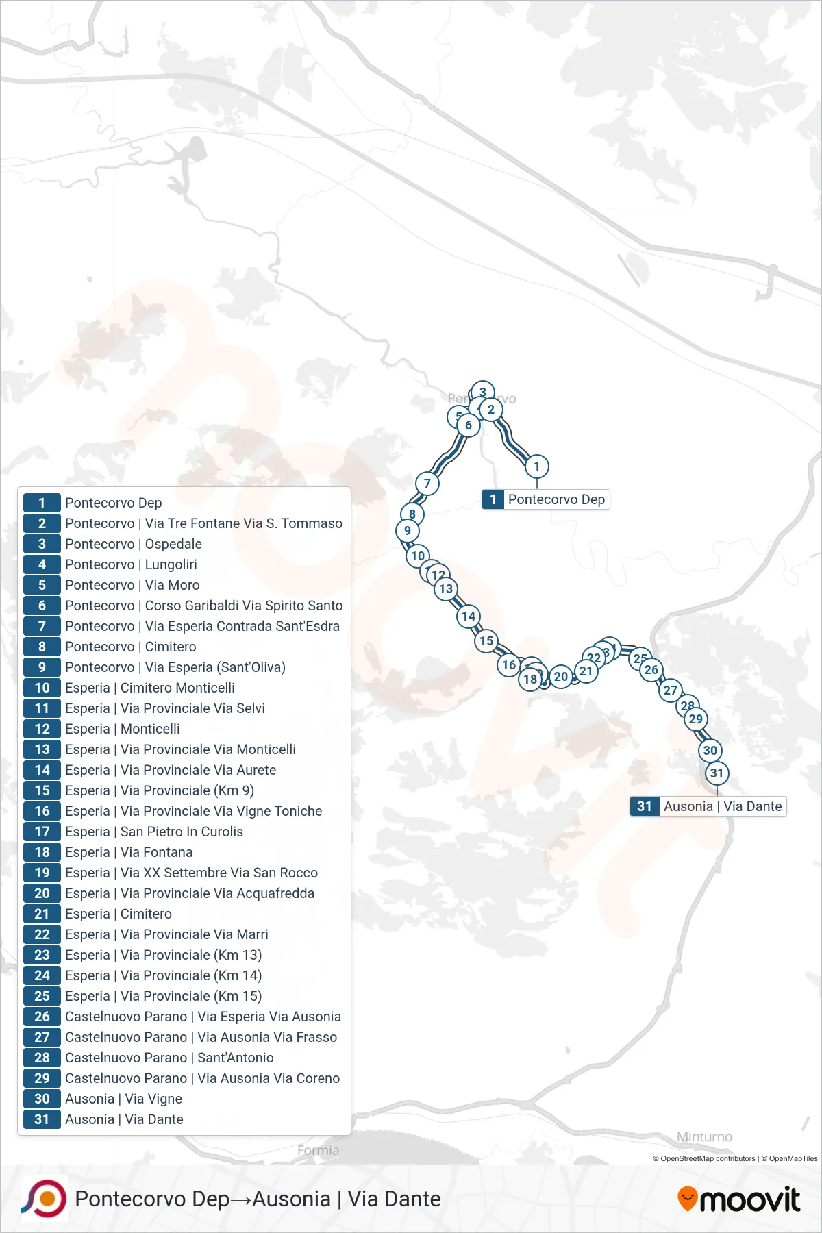Linea COTRAL  bus (Pontecorvo Dep‎→Ausonia | Via Dante) - Percorsi e fermate sulla mappa