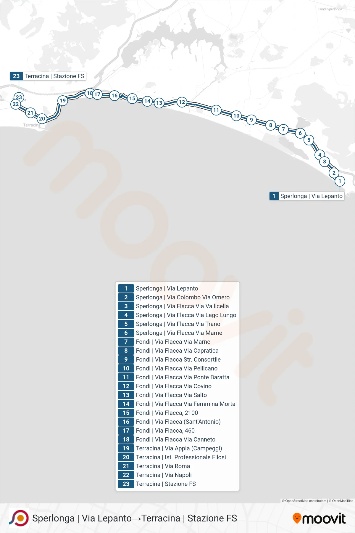 Linea COTRAL bus (Sperlonga | Via Lepanto→Terracina | Stazione FS) - Percorsi e fermate sulla mappa