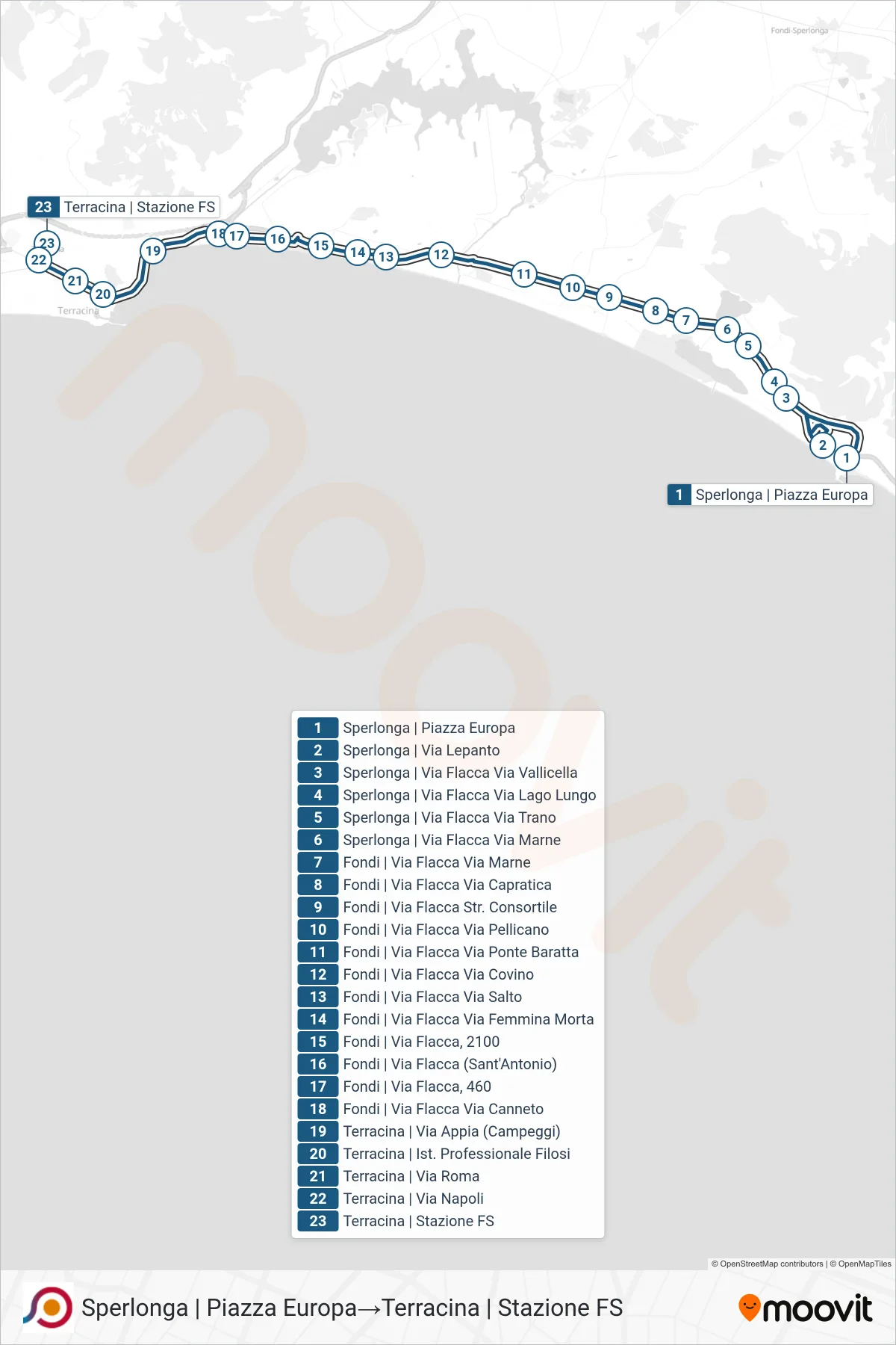 Linea COTRAL  bus (Sperlonga | Piazza Europa‎→Terracina | Stazione FS) - Percorsi e fermate sulla mappa