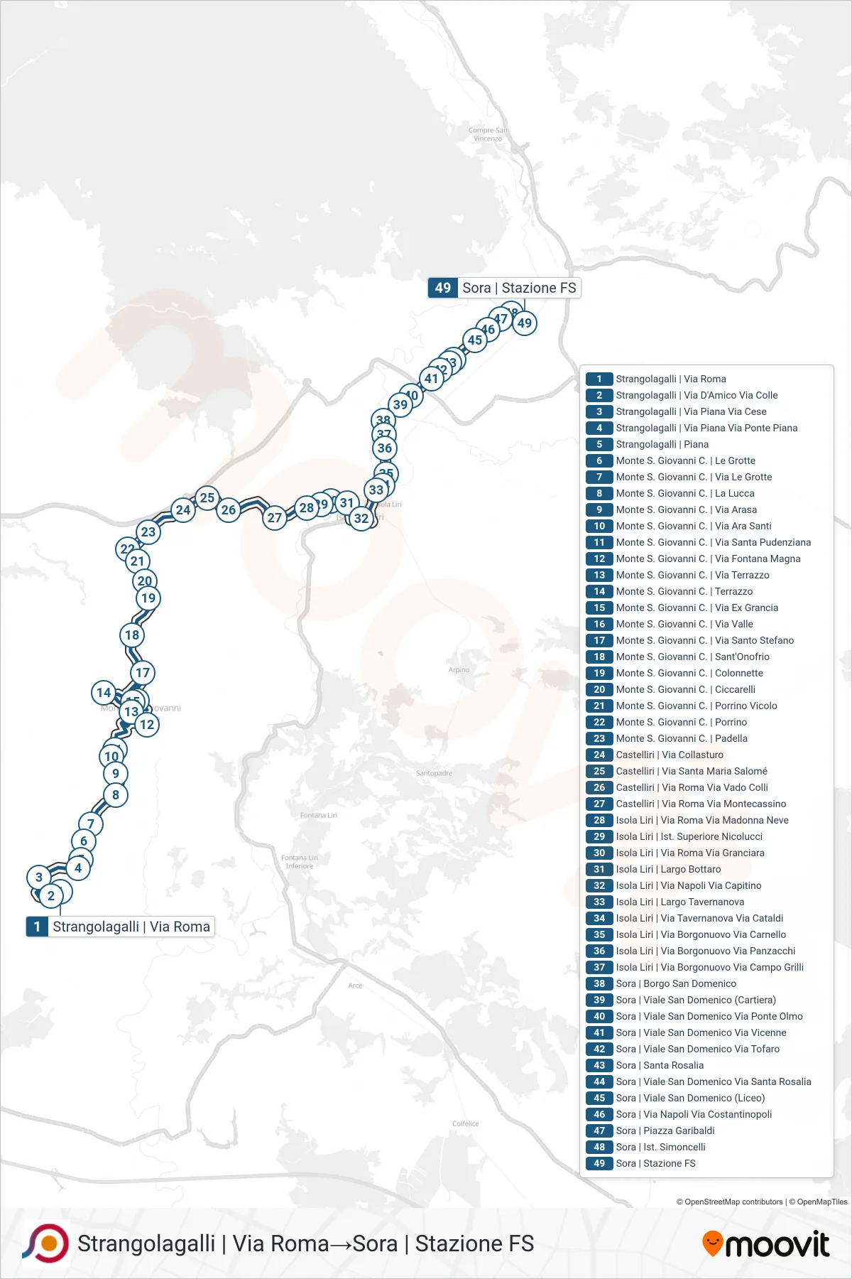 Linea COTRAL  bus (Strangolagalli | Via Roma‎→Sora | Stazione FS) - Percorsi e fermate sulla mappa