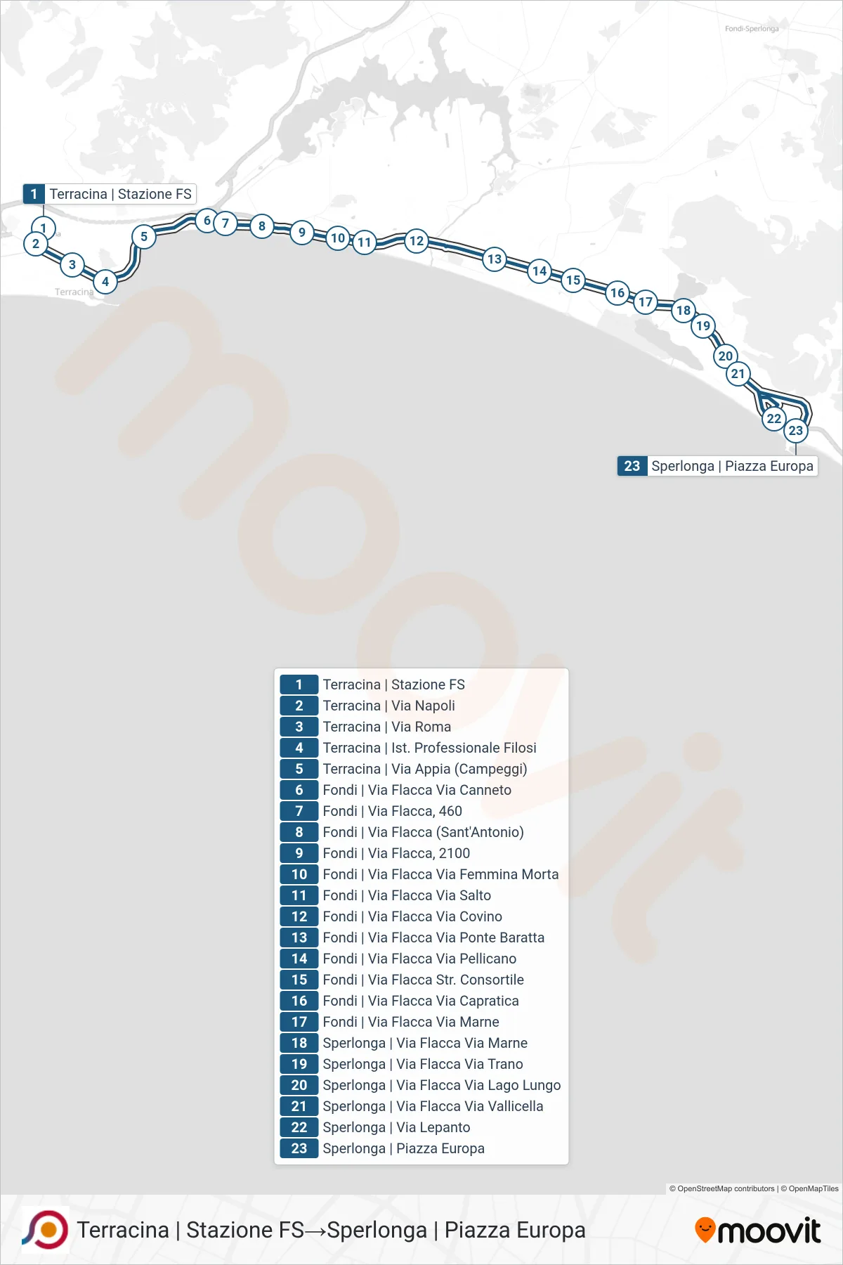 Linea COTRAL bus (Terracina | Stazione FS→Sperlonga | Piazza Europa) - Percorsi e fermate sulla mappa