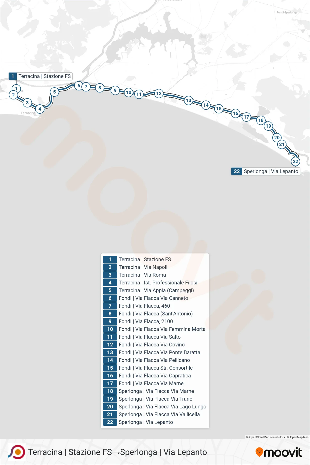 Linea COTRAL bus (Terracina | Stazione FS→Sperlonga | Via Lepanto) - Percorsi e fermate sulla mappa