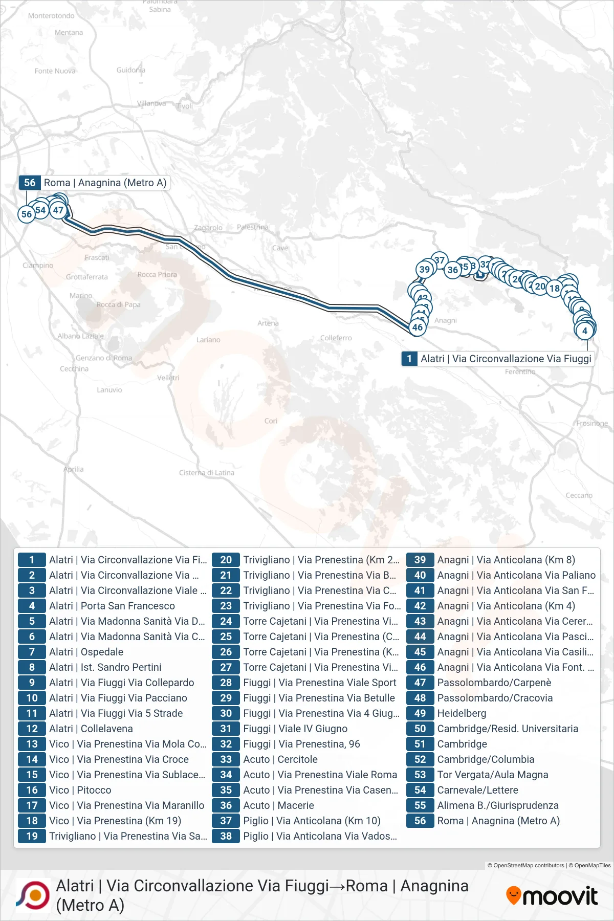 Linea COTRAL bus (Alatri | Via Circonvallazione Via Fiuggi→Roma | Anagnina (Metro A)) - Percorsi e fermate sulla mappa