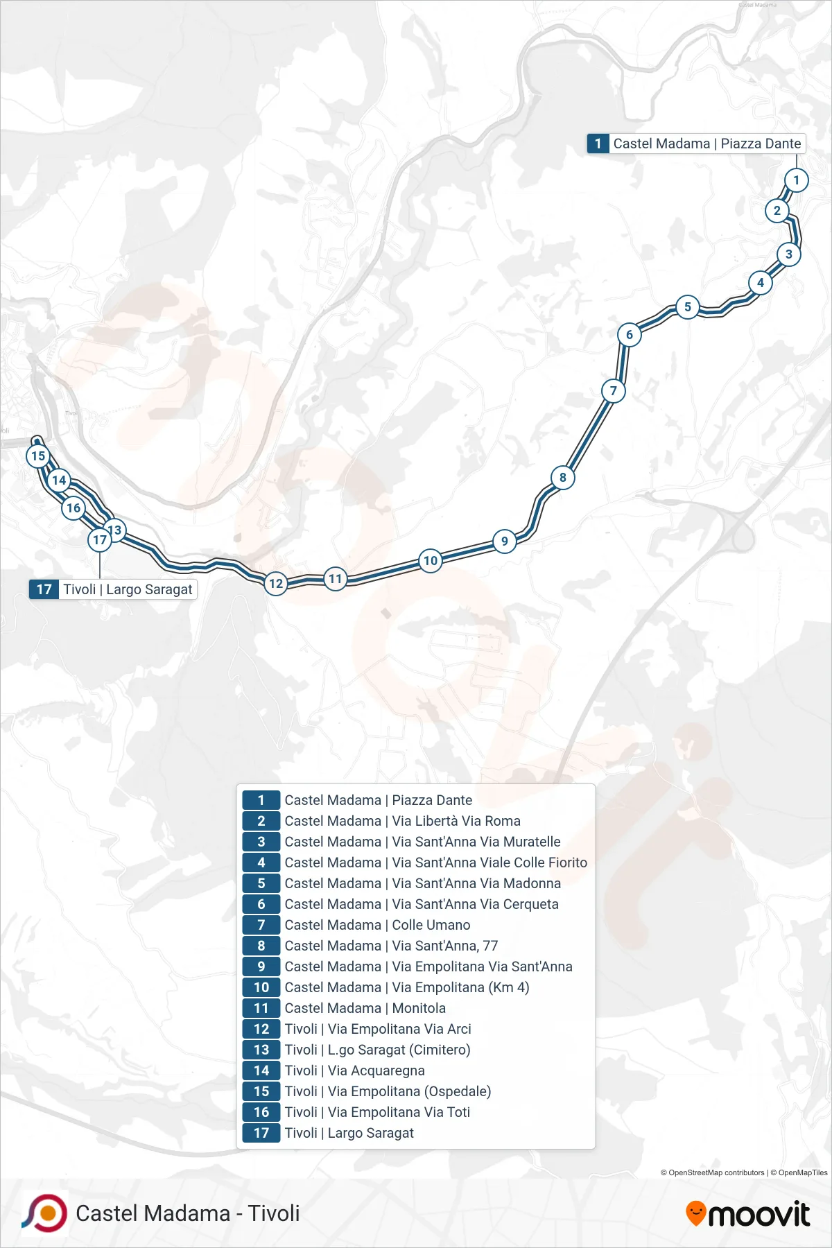 Linea COTRAL bus (Castel Madama | Piazza Dante→Tivoli | Largo Saragat) - Percorsi e fermate sulla mappa