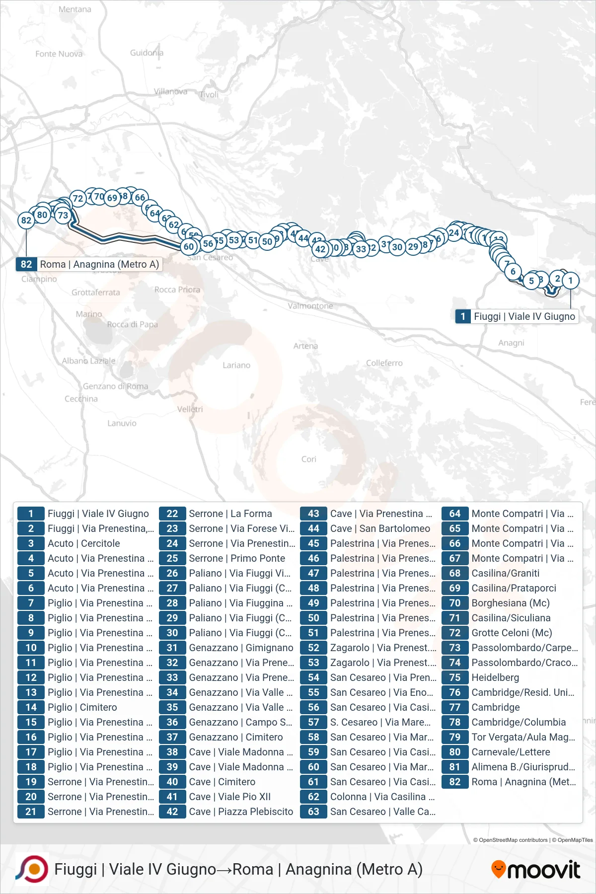 Linea COTRAL bus (Fiuggi | Viale IV Giugno→Roma | Anagnina (Metro A)) - Percorsi e fermate sulla mappa