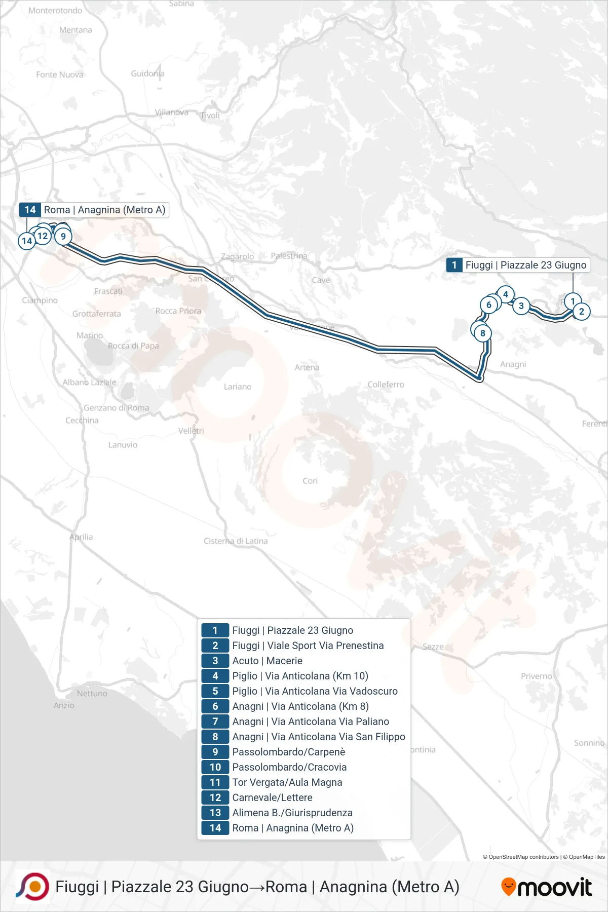 COTRAL bus Line (Fiuggi | Piazzale 23 June→Rome | Anagnina (Metro A)) route and stops on a map