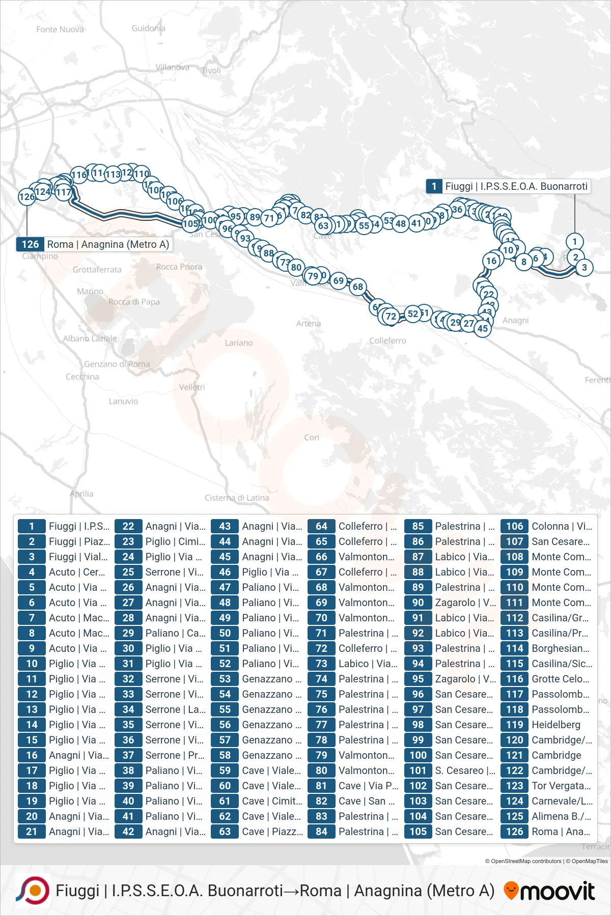 Linea COTRAL bus (Fiuggi | I.P.S.S.E.O.A. Buonarroti→Roma | Anagnina (Metro A)) - Percorsi e fermate sulla mappa