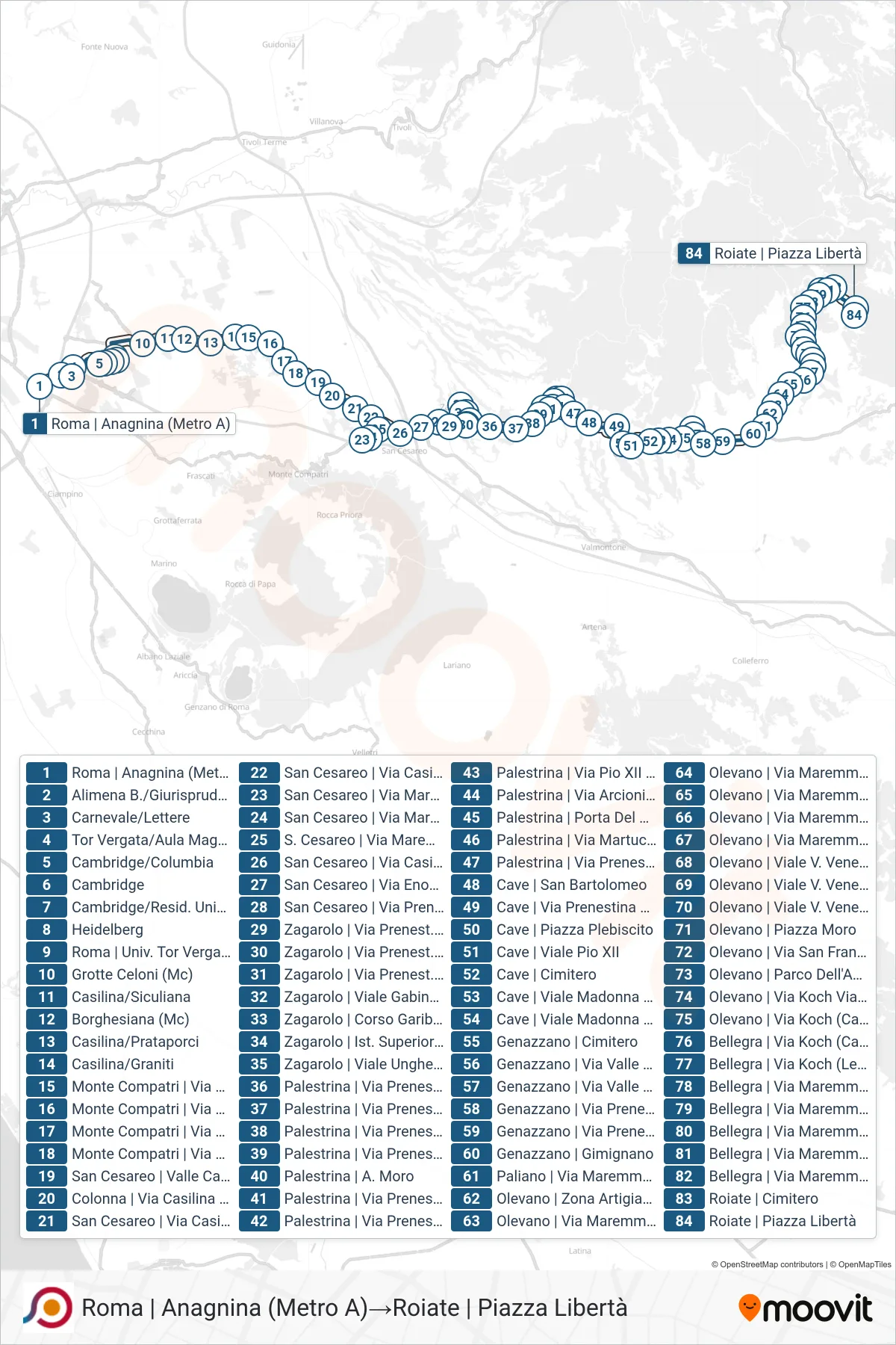 Linea COTRAL  bus (Roma | Anagnina (Metro A)‎→Roiate | Piazza Libertà) - Percorsi e fermate sulla mappa