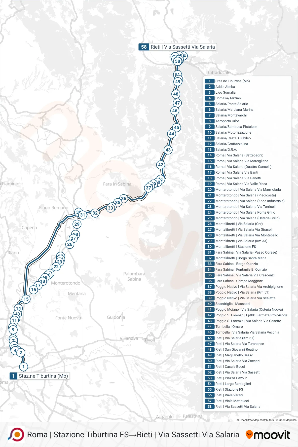 Linea COTRAL  bus (Roma | Stazione Tiburtina FS‎→Rieti | Via Sassetti Via Salaria) - Percorsi e fermate sulla mappa