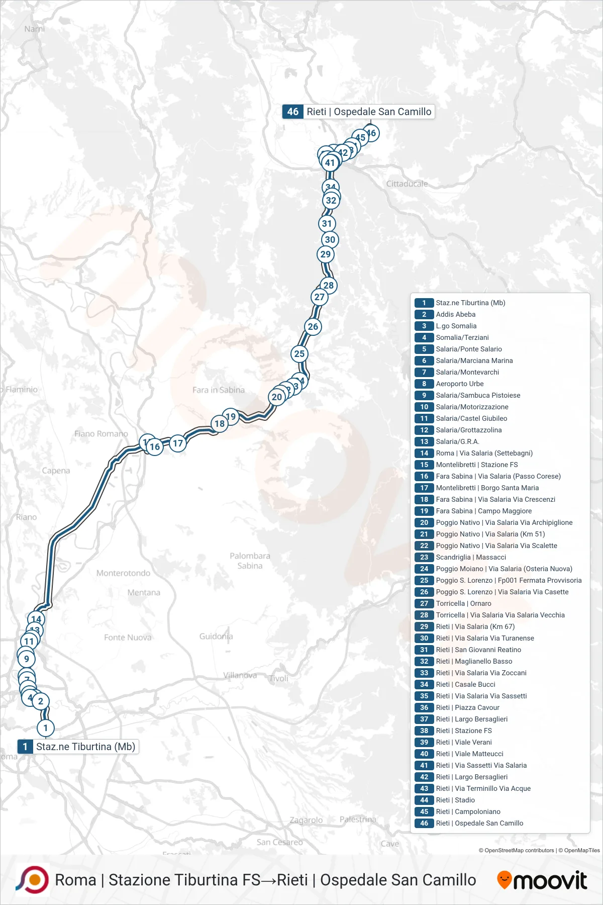 Linea COTRAL bus (Roma | Stazione Tiburtina FS→Rieti | Ospedale San Camillo) - Percorsi e fermate sulla mappa