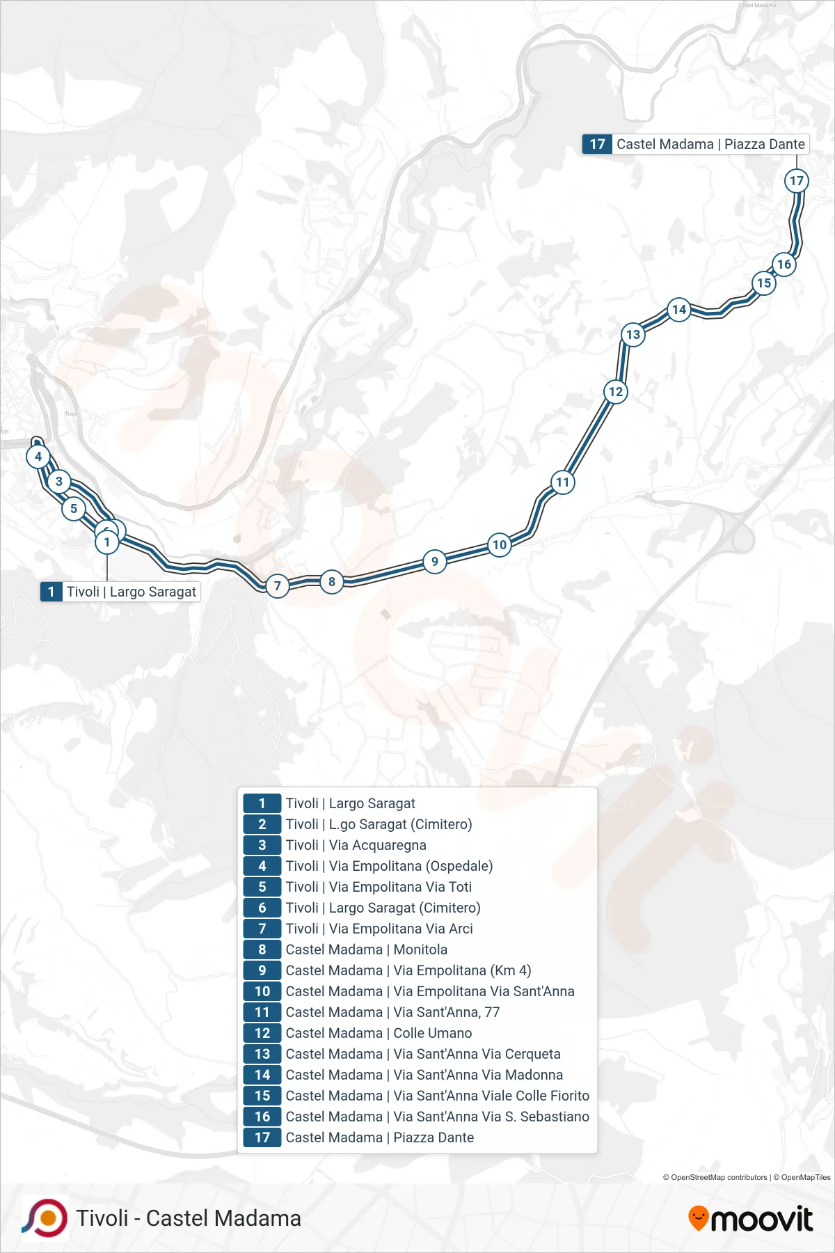 Linea COTRAL  bus (Tivoli | Largo Saragat‎→Castel Madama | Piazza Dante) - Percorsi e fermate sulla mappa