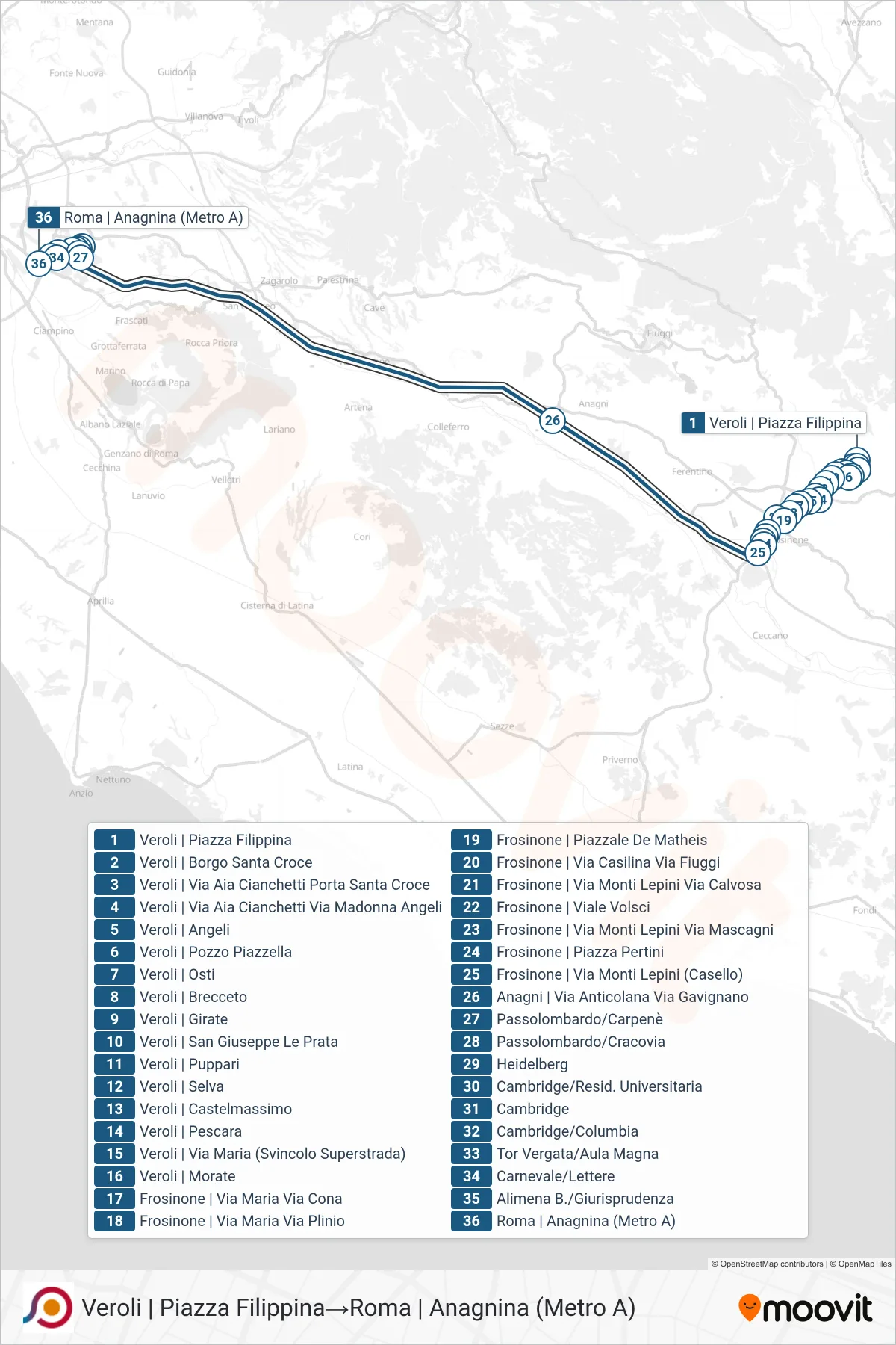 Linea COTRAL bus (Veroli | Piazza Filippina→Roma | Anagnina (Metro A)) - Percorsi e fermate sulla mappa