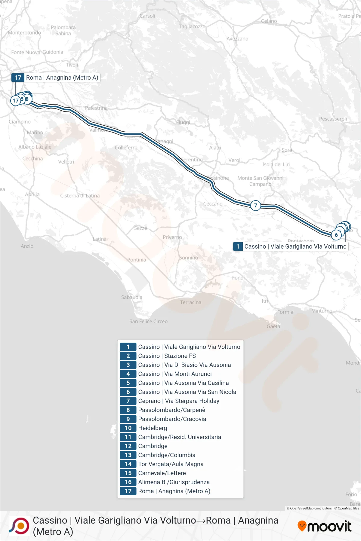 Linea COTRAL bus (Cassino | Viale Garigliano Via Volturno→Roma | Anagnina (Metro A)) - Percorsi e fermate sulla mappa