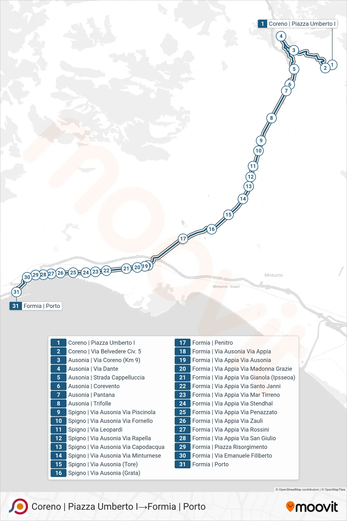 Linea COTRAL bus (Coreno | Piazza Umberto I→Formia | Porto) - Percorsi e fermate sulla mappa