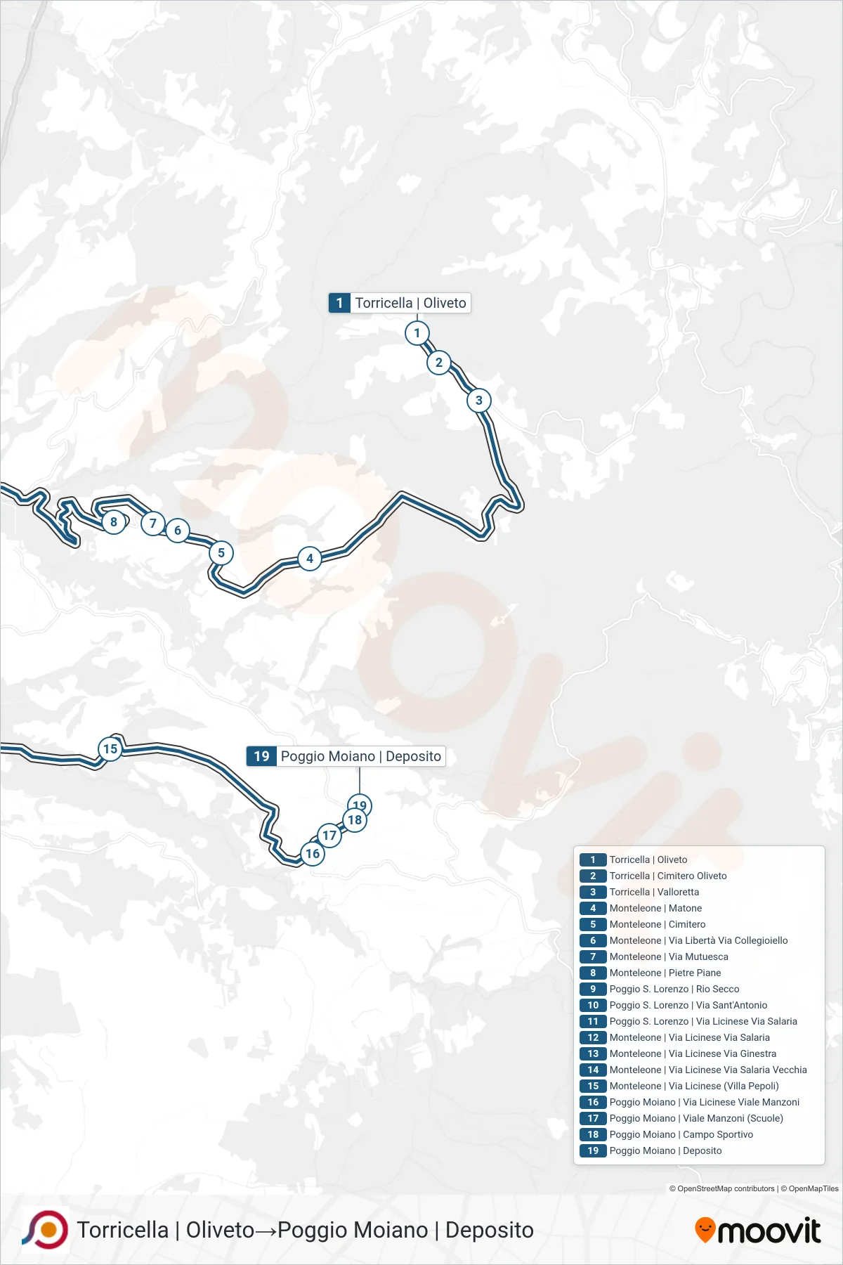 Linea COTRAL  bus (Torricella | Oliveto‎→Poggio Moiano | Deposito) - Percorsi e fermate sulla mappa