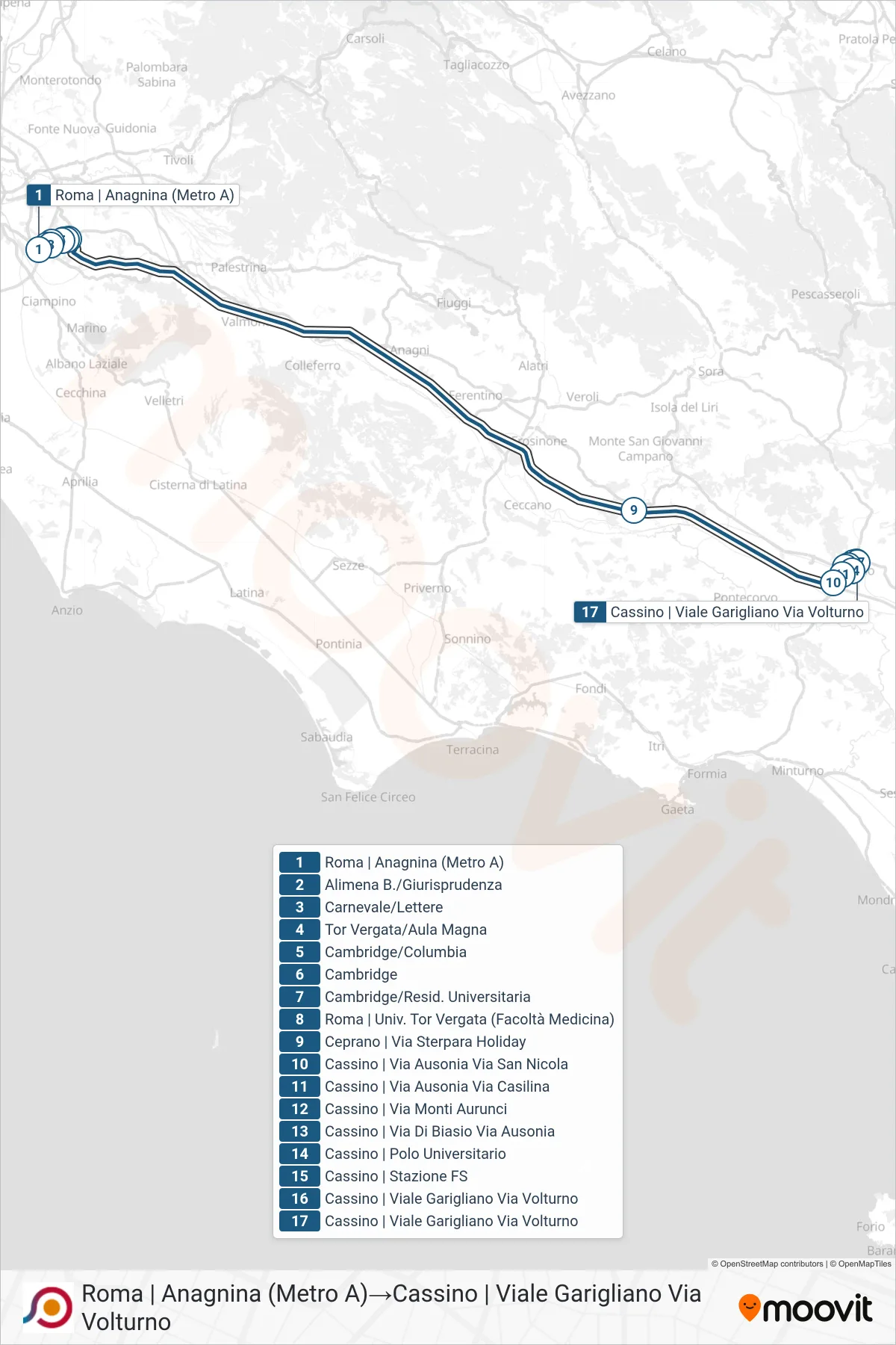 Linea COTRAL bus (Roma | Anagnina (Metro A)→Cassino | Viale Garigliano Via Volturno) - Percorsi e fermate sulla mappa
