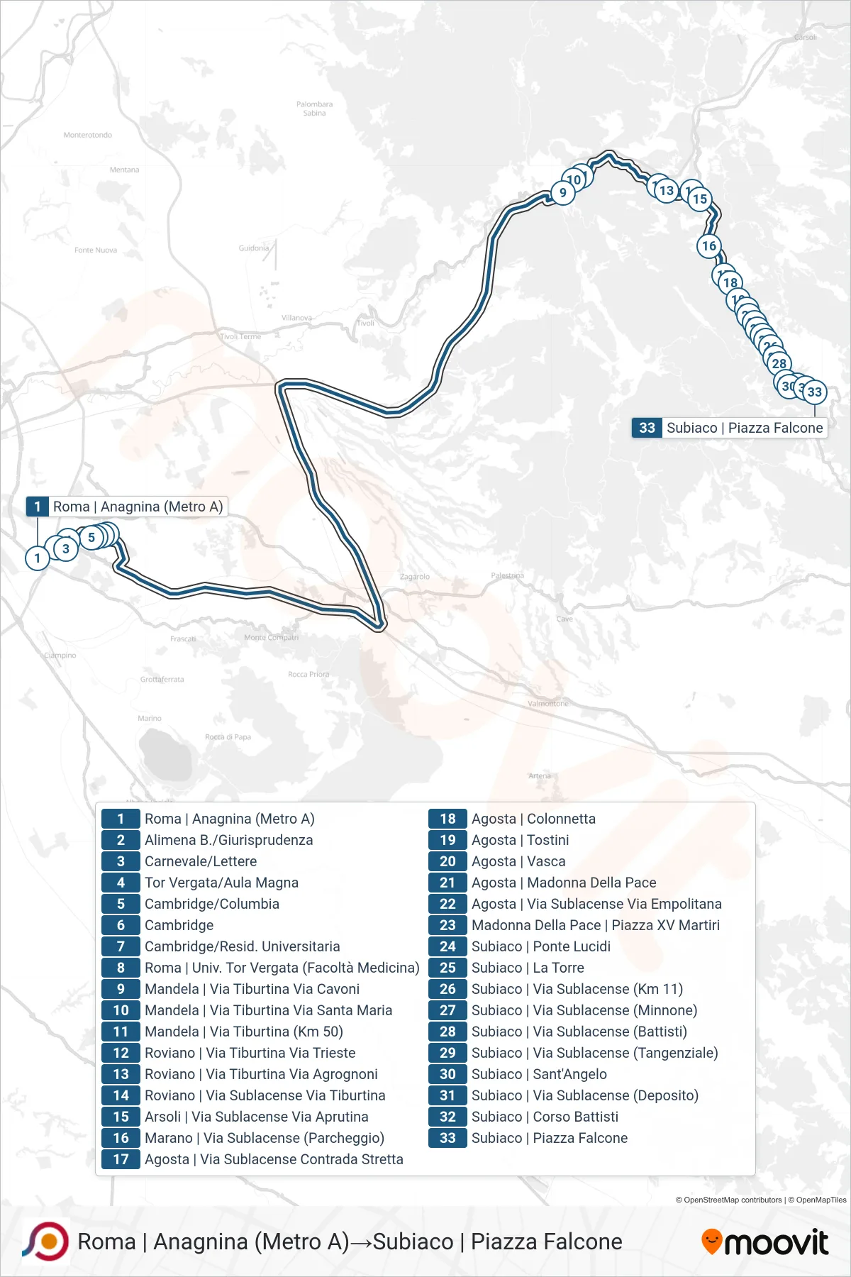 Linea COTRAL bus (Roma | Anagnina (Metro A)→Subiaco | Piazza Falcone) - Percorsi e fermate sulla mappa