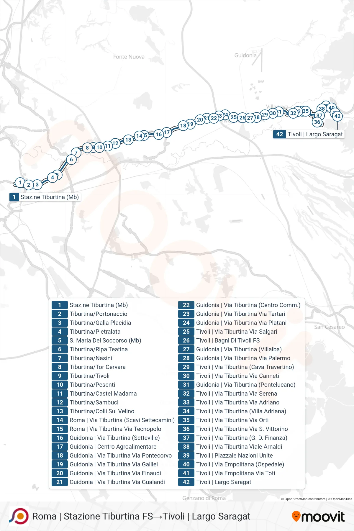 Linea COTRAL bus (Roma | Stazione Tiburtina FS→Tivoli | Largo Saragat) - Percorsi e fermate sulla mappa