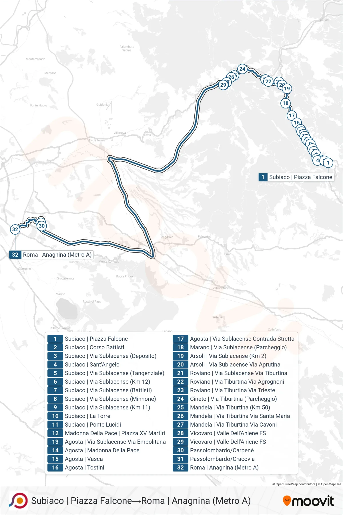 Linea COTRAL bus (Subiaco | Piazza Falcone→Roma | Anagnina (Metro A)) - Percorsi e fermate sulla mappa