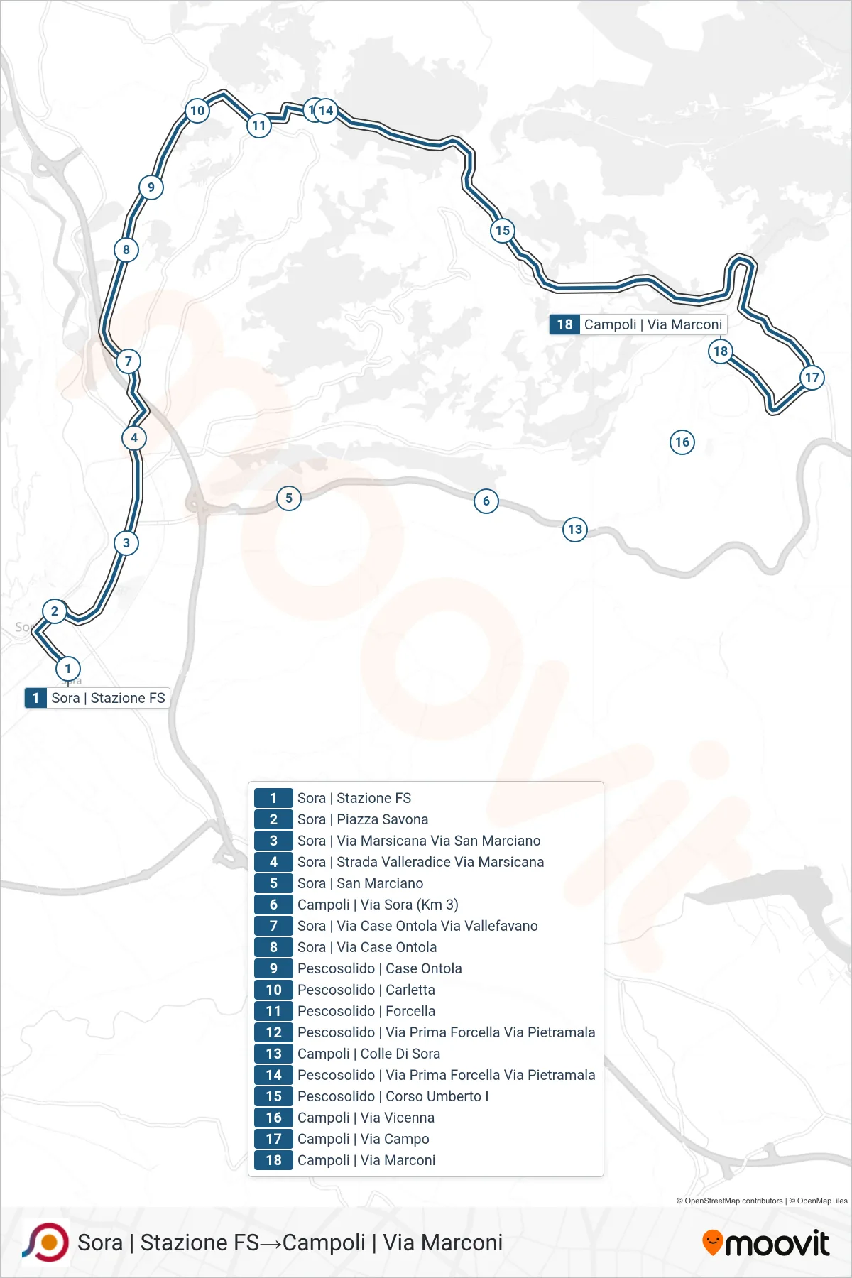 Linea COTRAL bus (Sora | Stazione FS→Campoli | Via Marconi) - Percorsi e fermate sulla mappa
