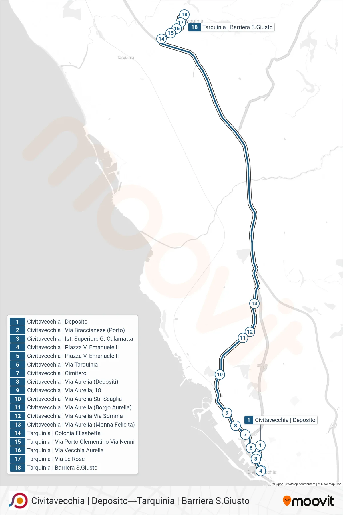 Linea COTRAL bus (Civitavecchia | Deposito→Tarquinia | Barriera S.Giusto) - Percorsi e fermate sulla mappa