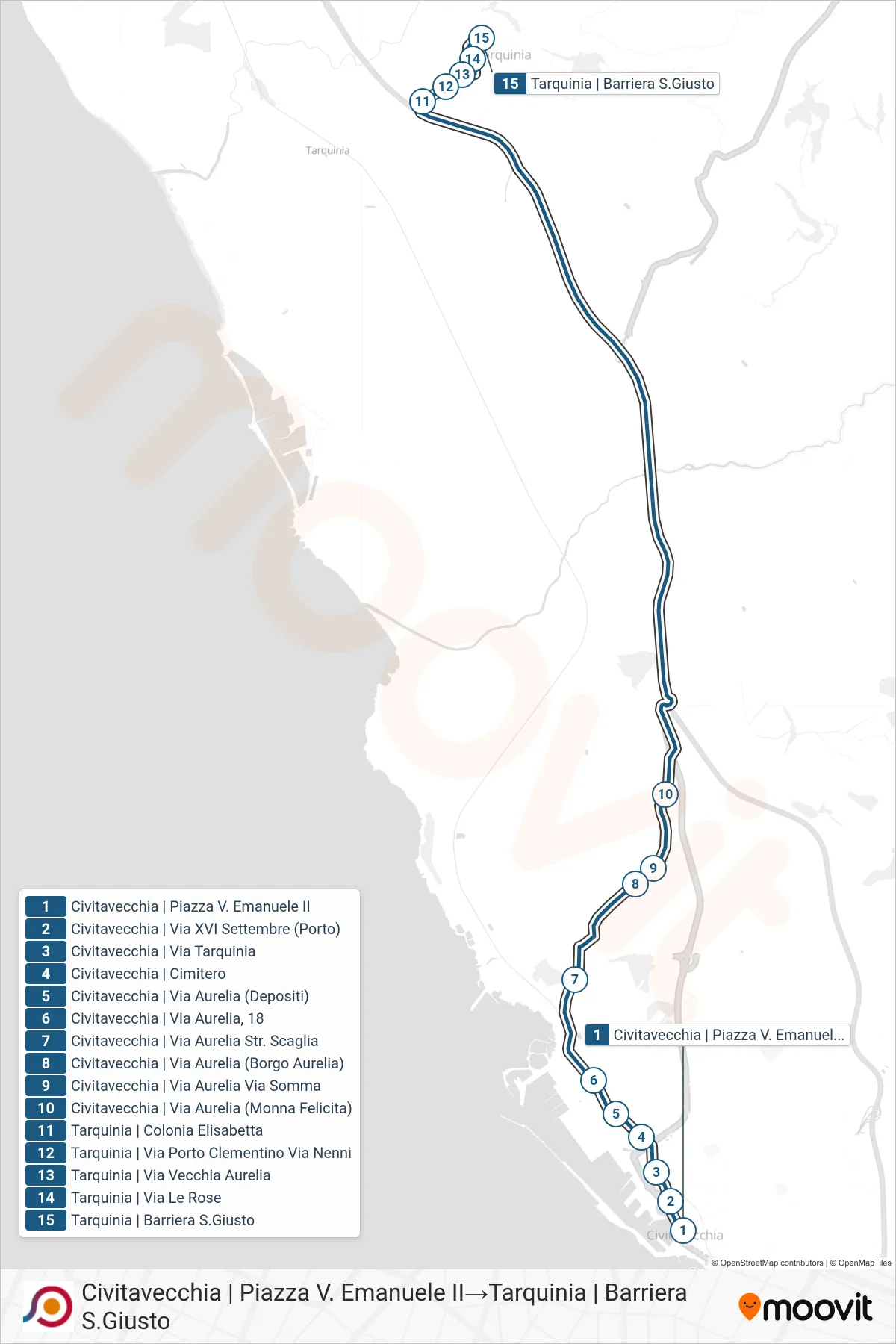 Linea COTRAL bus (Civitavecchia | Piazza V. Emanuele II→Tarquinia | Barriera S.Giusto) - Percorsi e fermate sulla mappa