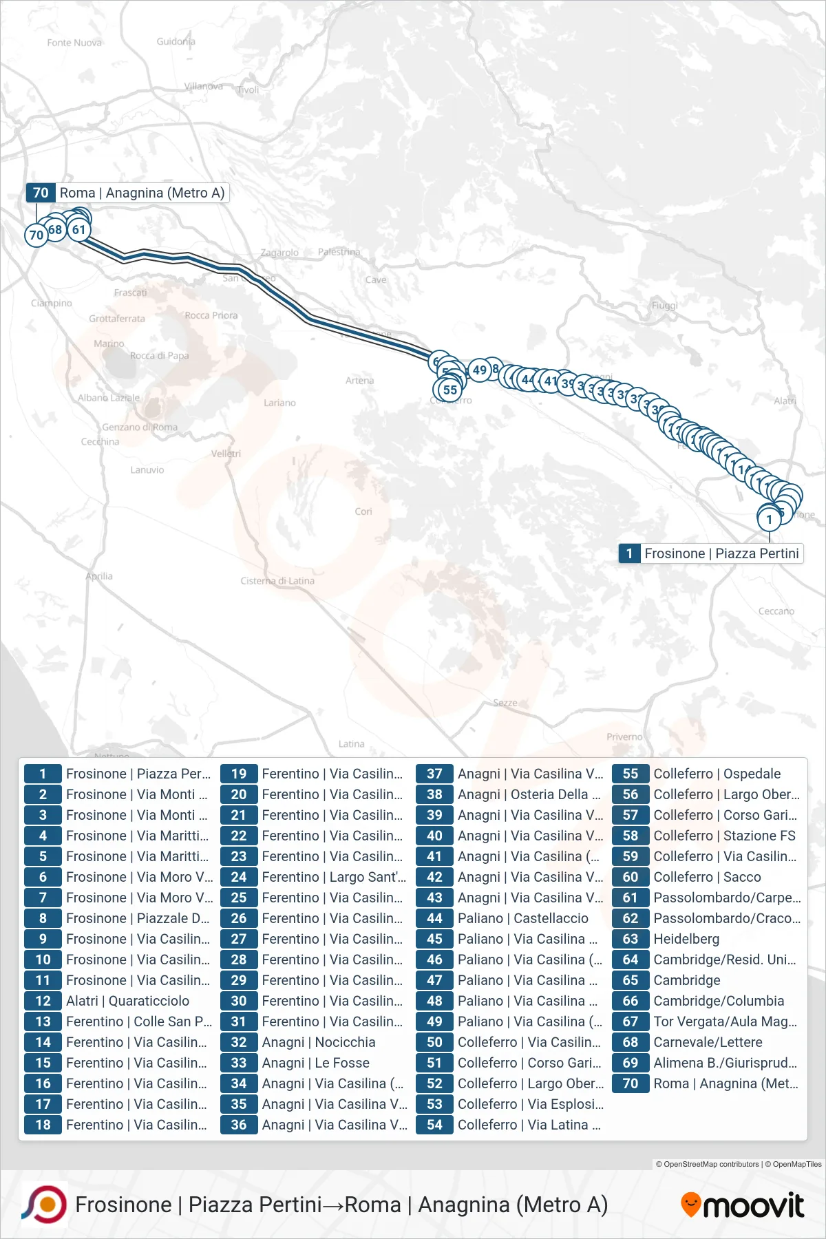 Linea COTRAL bus (Frosinone | Piazza Pertini→Roma | Anagnina (Metro A)) - Percorsi e fermate sulla mappa