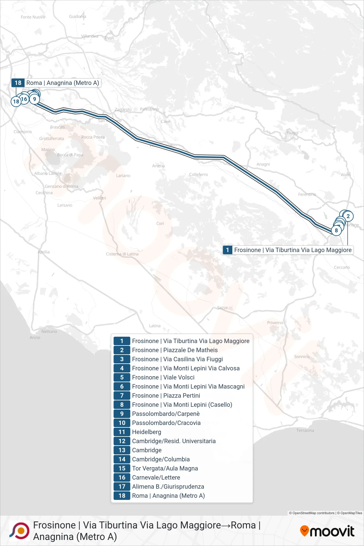 Linea COTRAL bus (Frosinone | Via Tiburtina Via Lago Maggiore→Roma | Anagnina (Metro A)) - Percorsi e fermate sulla mappa