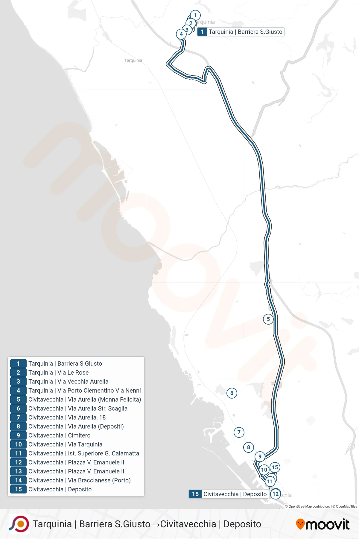 Linea COTRAL bus (Tarquinia | Barriera S.Giusto→Civitavecchia | Deposito) - Percorsi e fermate sulla mappa