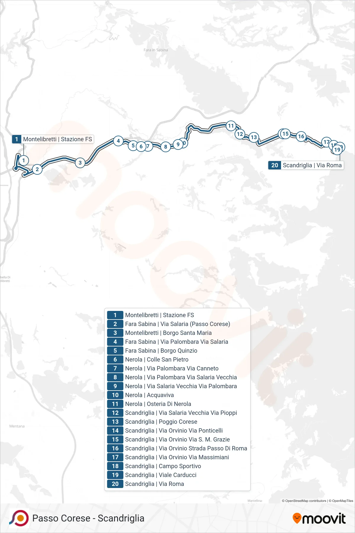 Linea COTRAL bus (Montelibretti | Stazione FS→Scandriglia | Via Roma) - Percorsi e fermate sulla mappa