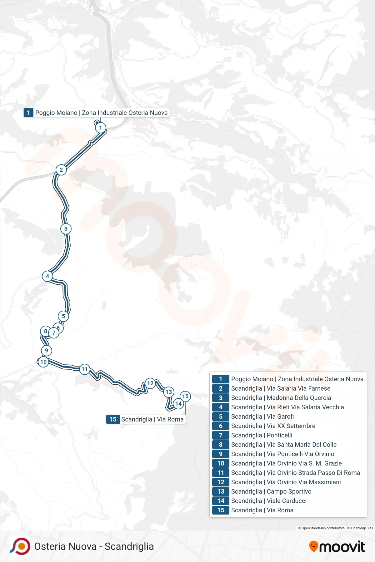 Linea COTRAL bus (Poggio Moiano | Zona Industriale Osteria Nuova→Scandriglia | Via Roma) - Percorsi e fermate sulla mappa
