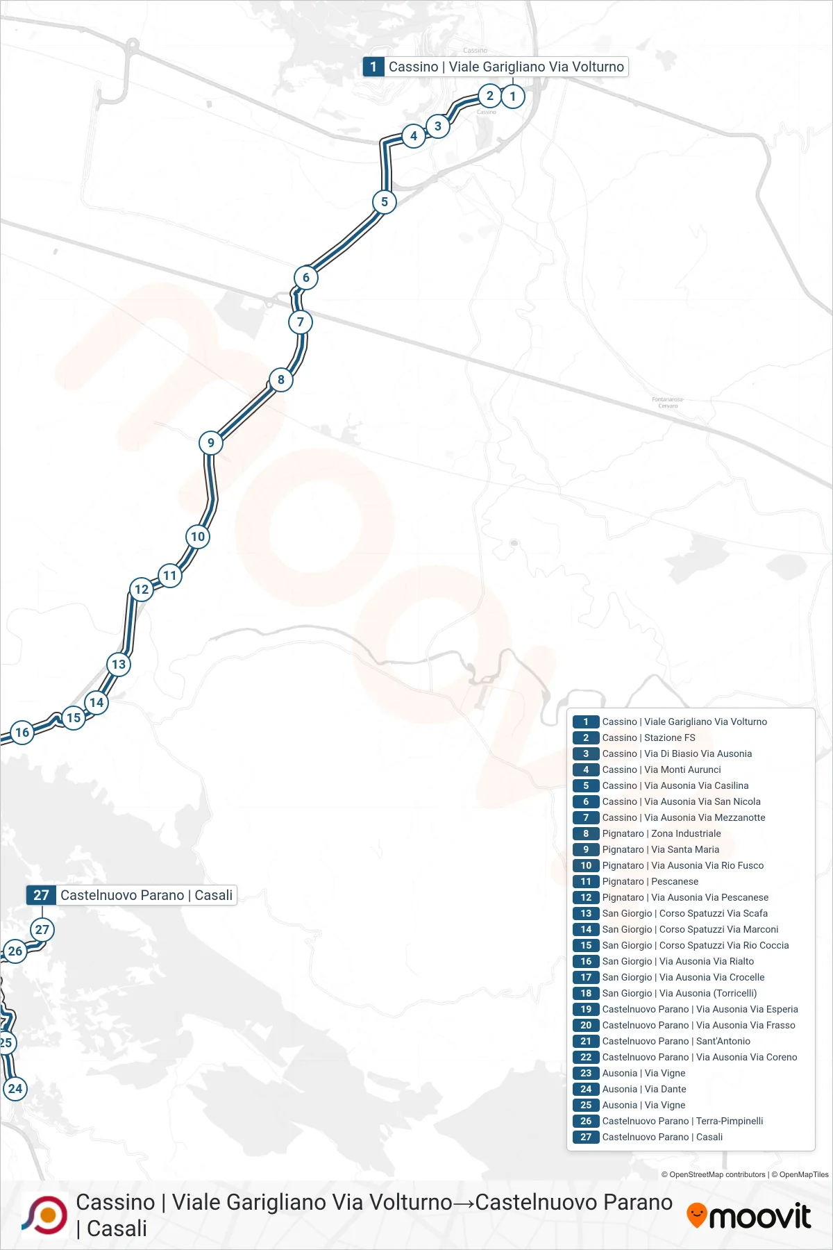 Linea COTRAL bus (Cassino | Viale Garigliano Via Volturno→Castelnuovo Parano | Casali) - Percorsi e fermate sulla mappa
