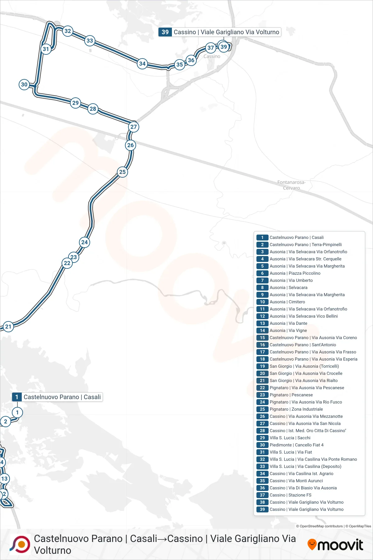 Linea COTRAL bus (Castelnuovo Parano | Casali→Cassino | Viale Garigliano Via Volturno) - Percorsi e fermate sulla mappa