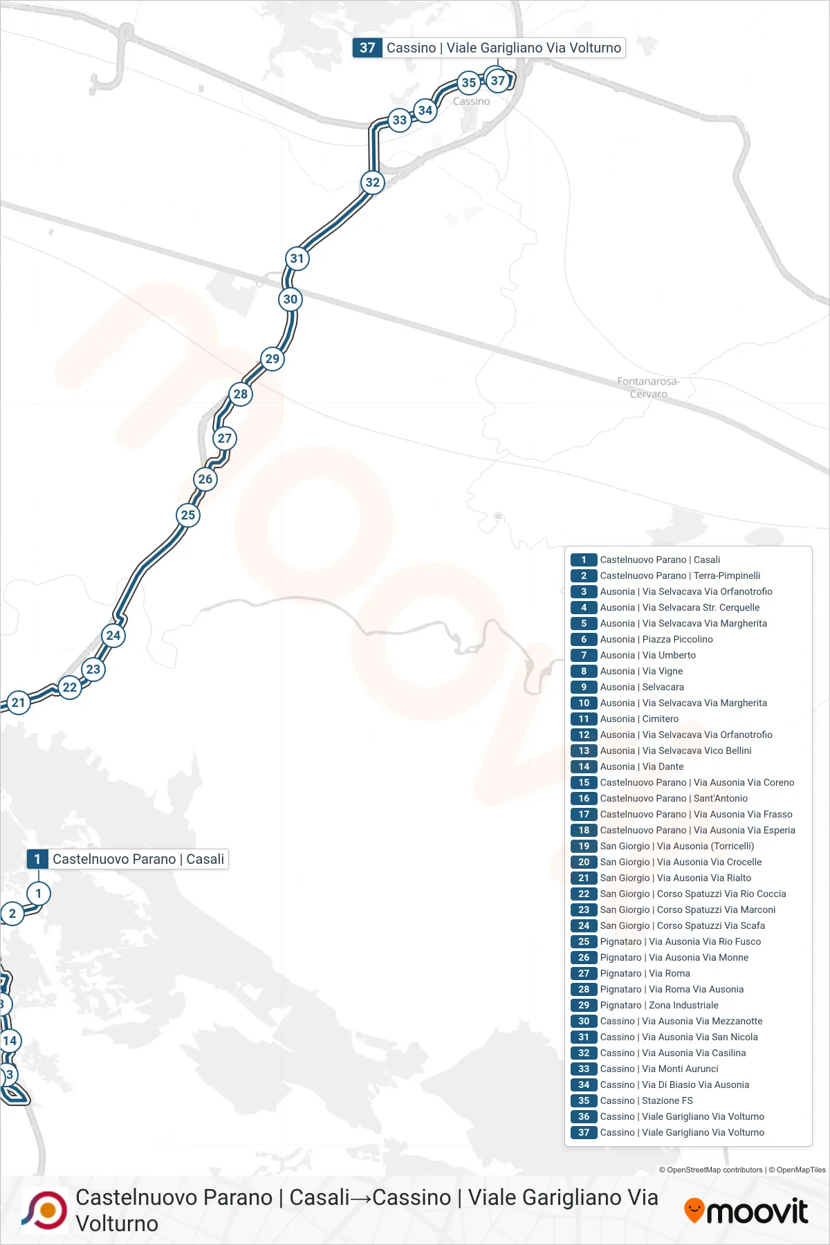 Linea COTRAL bus (Castelnuovo Parano | Casali→Cassino | Viale Garigliano Via Volturno) - Percorsi e fermate sulla mappa