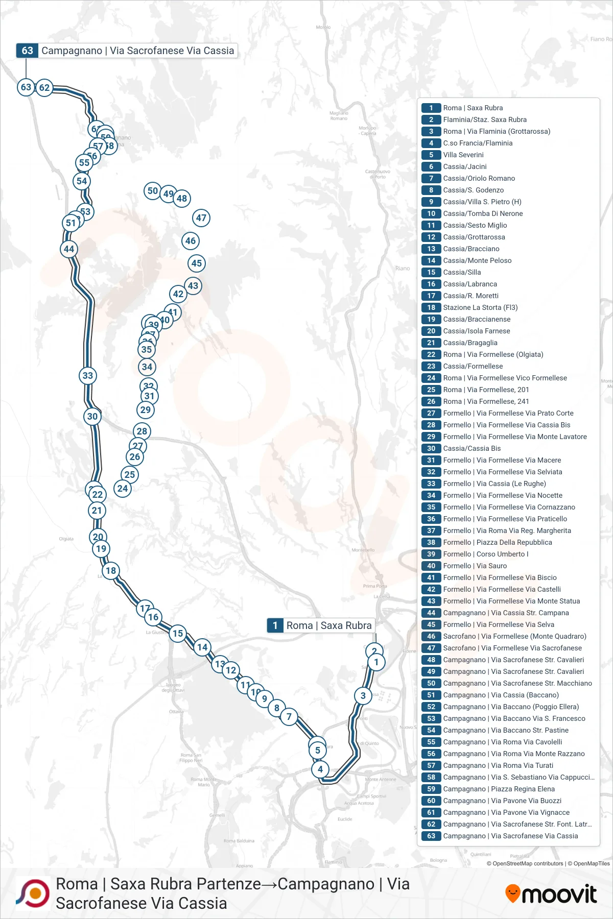 Linea COTRAL bus (Roma | Saxa Rubra Partenze→Campagnano | Via Sacrofanese Via Cassia) - Percorsi e fermate sulla mappa