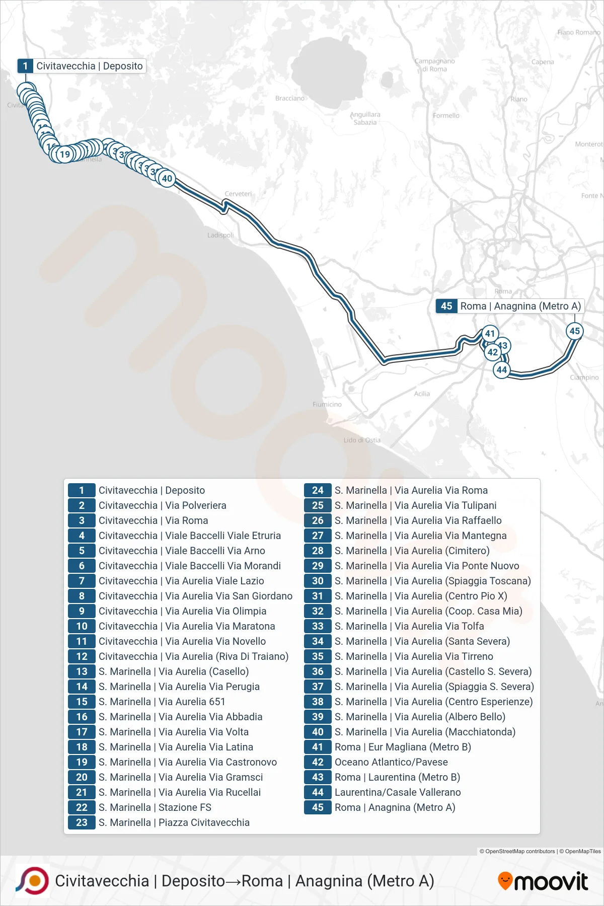 Linea COTRAL bus (Civitavecchia | Deposito→Roma | Anagnina (Metro A)) - Percorsi e fermate sulla mappa