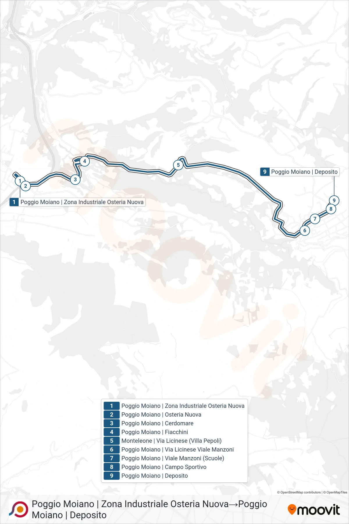 Linea COTRAL bus (Poggio Moiano | Zona Industriale Osteria Nuova→Poggio Moiano | Deposito) - Percorsi e fermate sulla mappa
