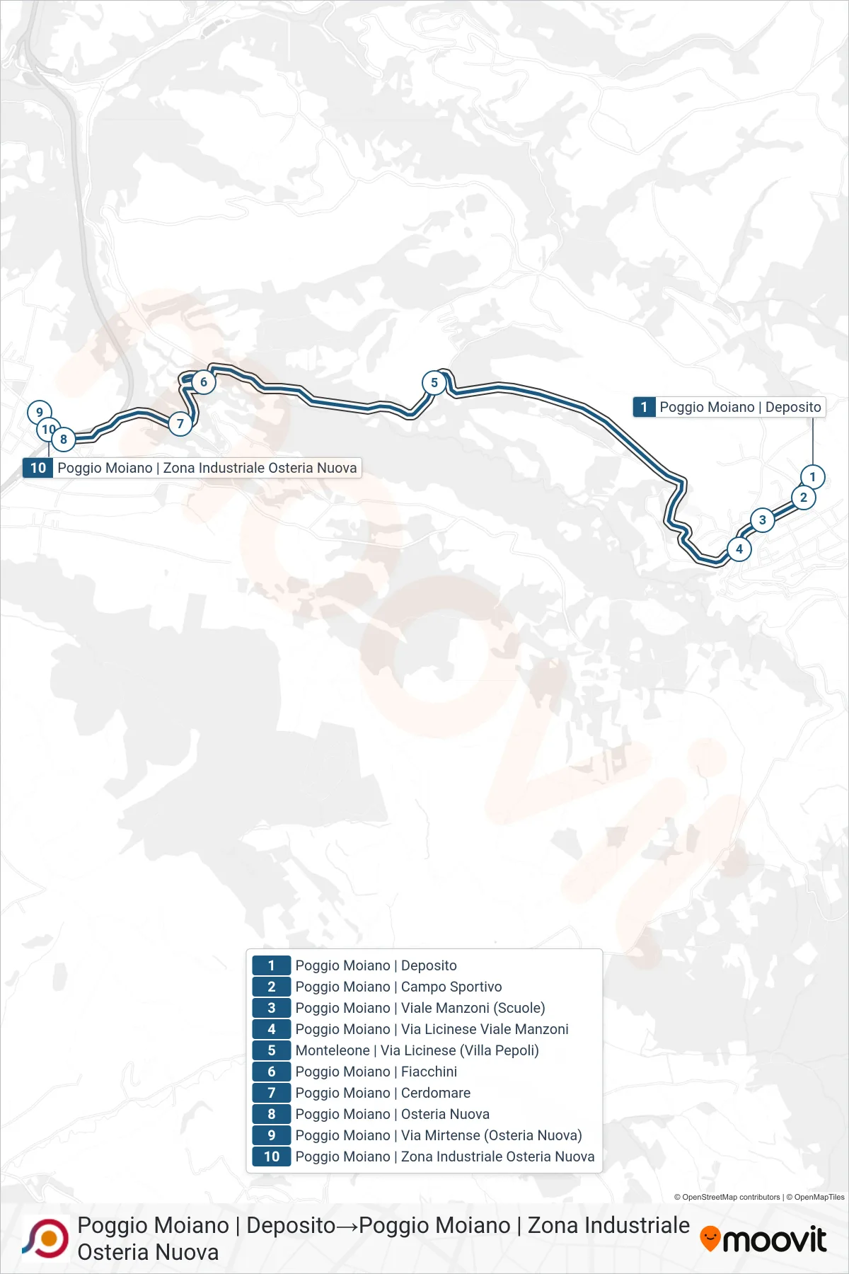 Linea COTRAL bus (Poggio Moiano | Deposito→Poggio Moiano | Zona Industriale Osteria Nuova) - Percorsi e fermate sulla mappa