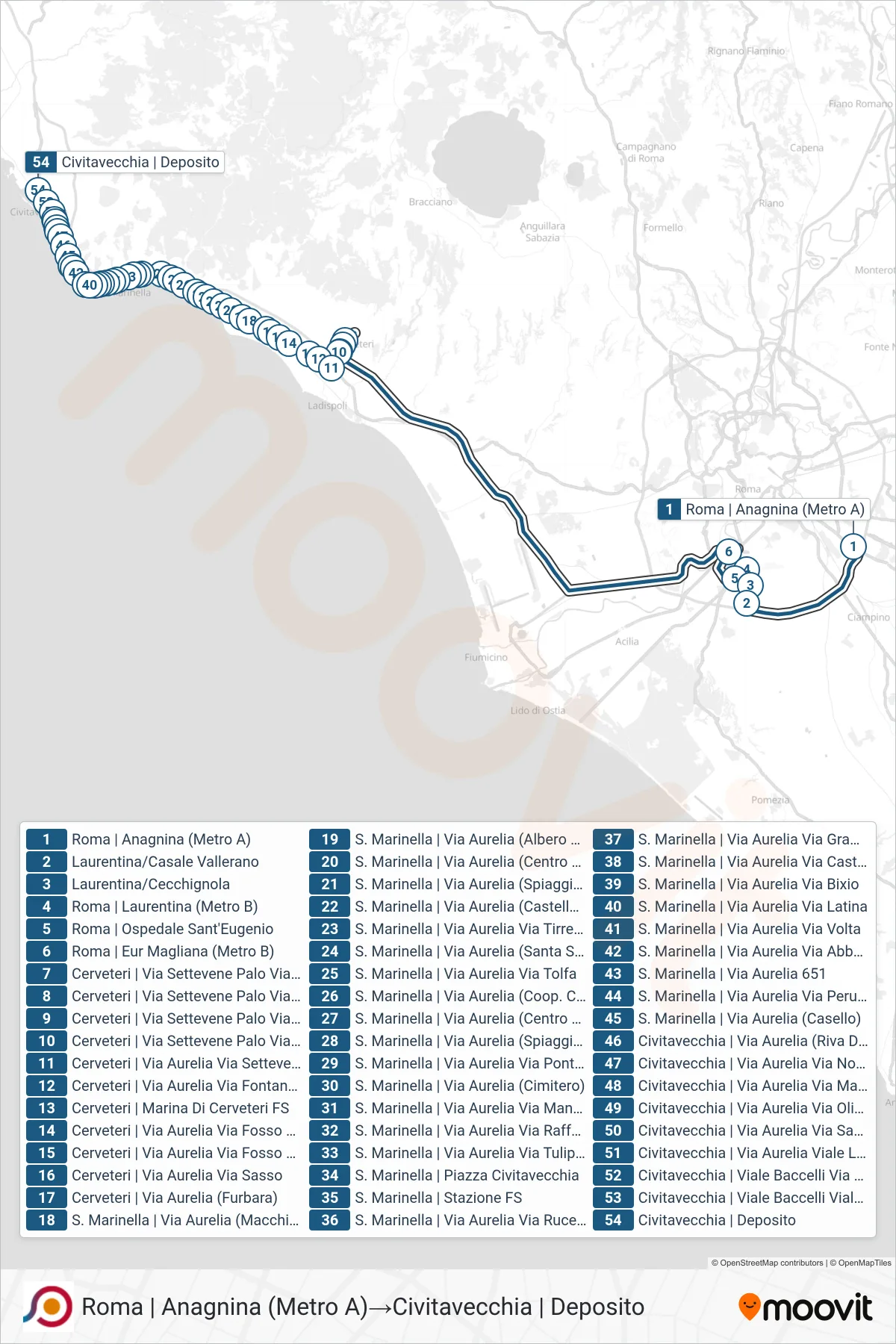 Linea COTRAL bus (Roma | Anagnina (Metro A)→Civitavecchia | Deposito) - Percorsi e fermate sulla mappa