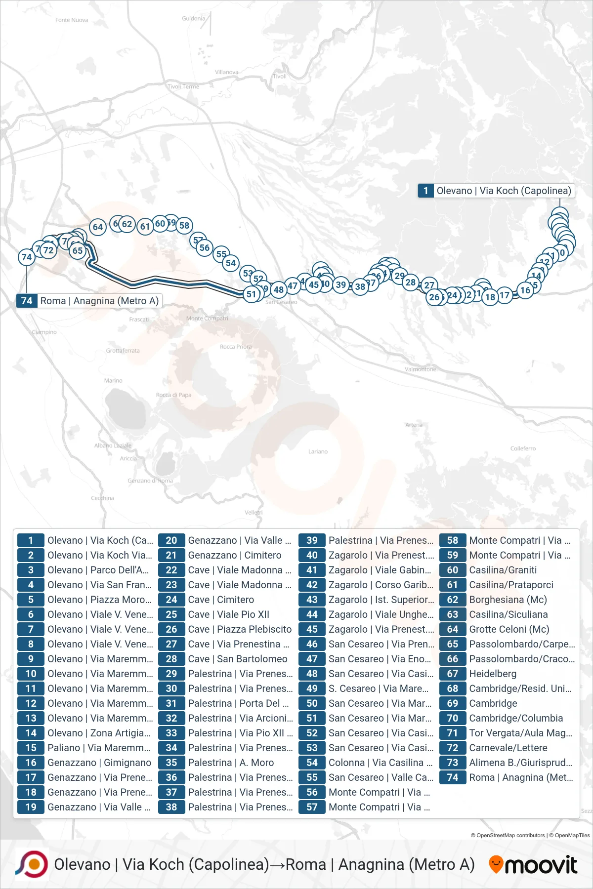 Linea COTRAL bus (Olevano | Via Koch (Capolinea)→Roma | Anagnina (Metro A)) - Percorsi e fermate sulla mappa