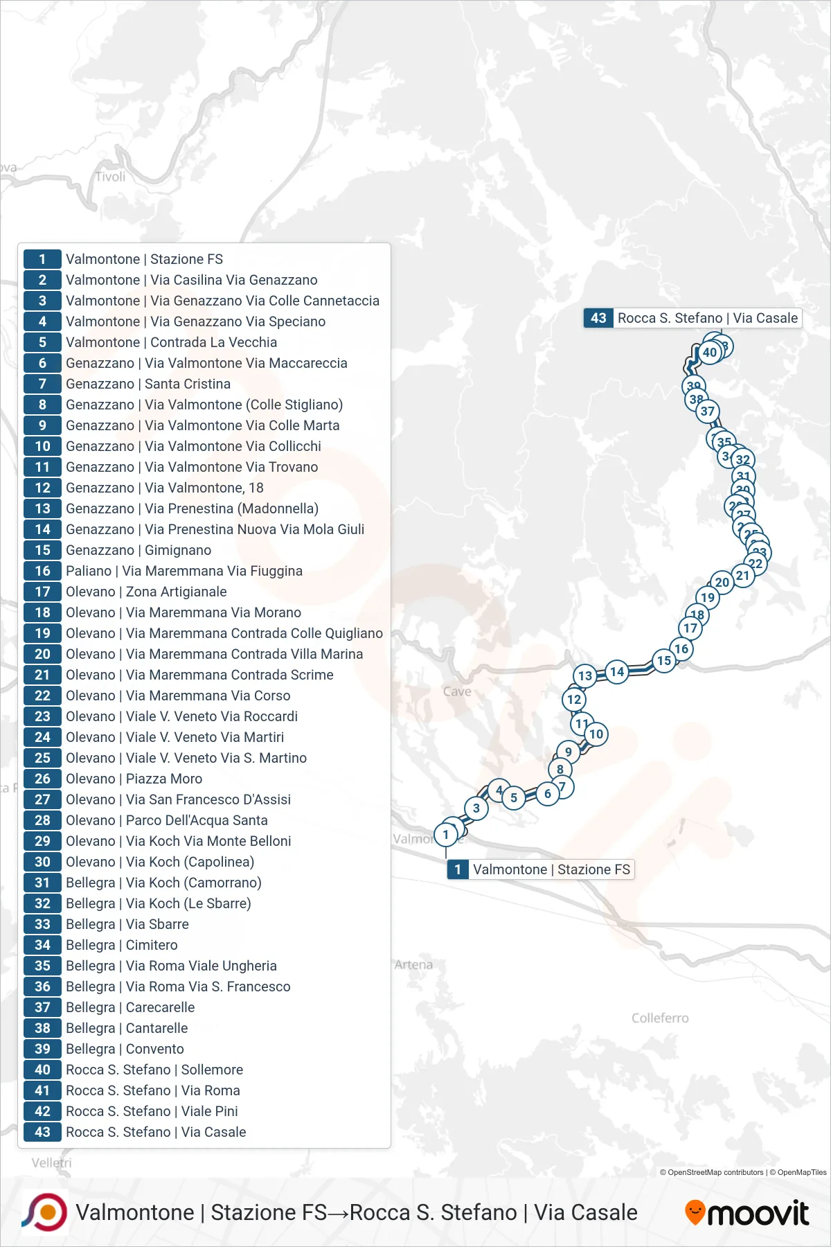 Linea COTRAL bus (Valmontone | Stazione FS→Rocca S. Stefano | Via Casale) - Percorsi e fermate sulla mappa