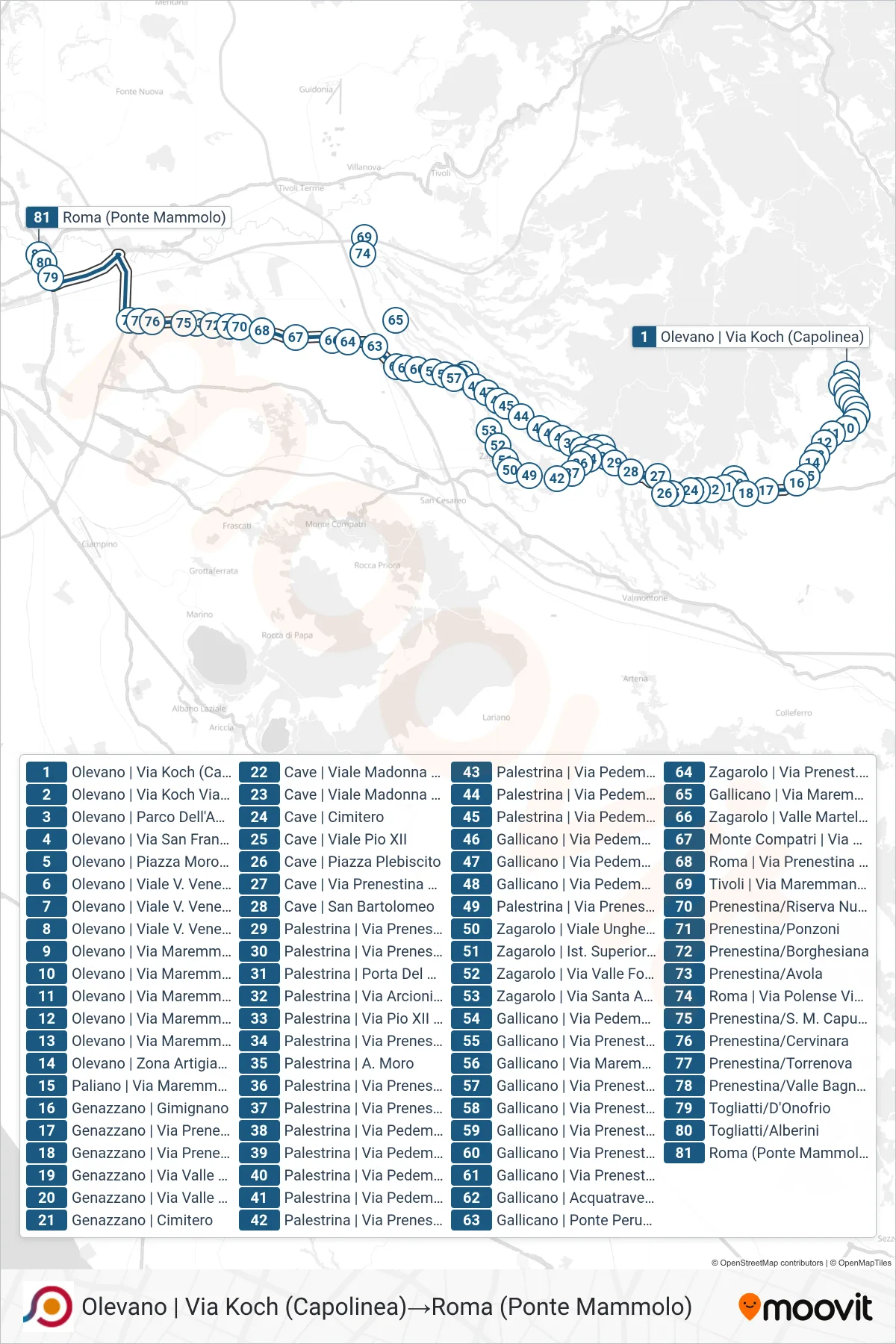 Linea COTRAL bus (Olevano | Via Koch (Capolinea)→Roma (Ponte Mammolo)) - Percorsi e fermate sulla mappa