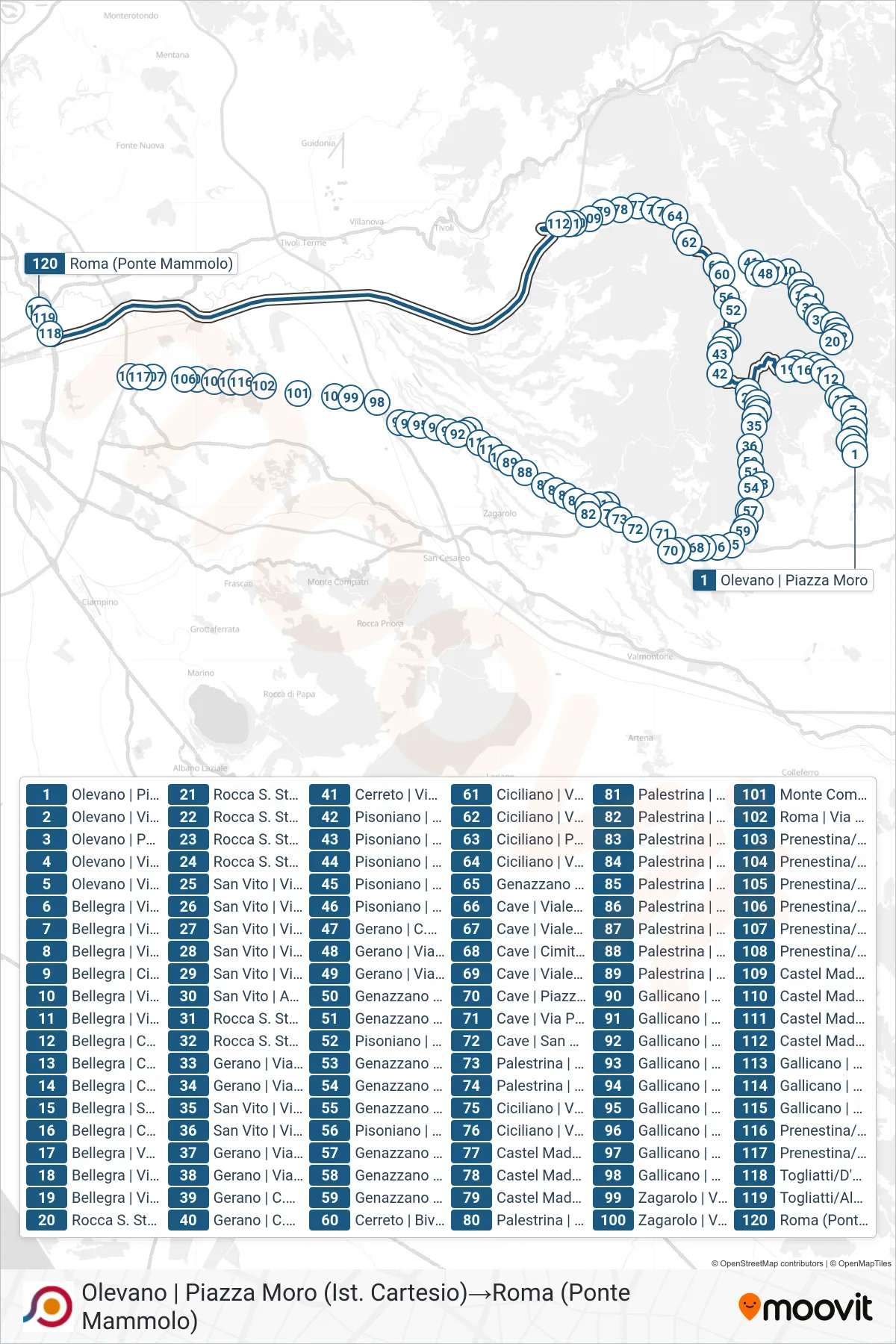 Linea COTRAL bus (Olevano | Piazza Moro (Ist. Cartesio)→Roma (Ponte Mammolo)) - Percorsi e fermate sulla mappa