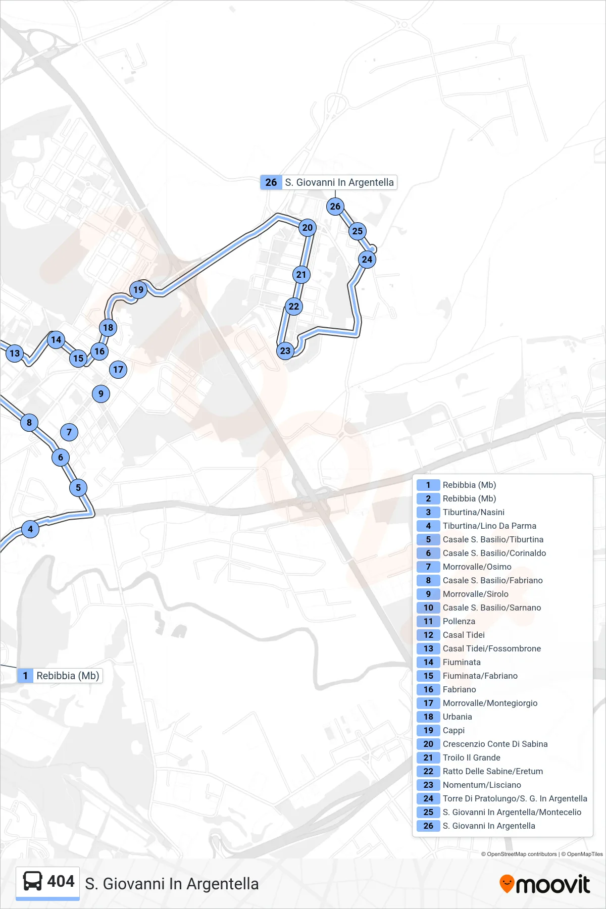 Linea 404 bus (S. Giovanni In Argentella) - Percorsi e fermate sulla mappa
