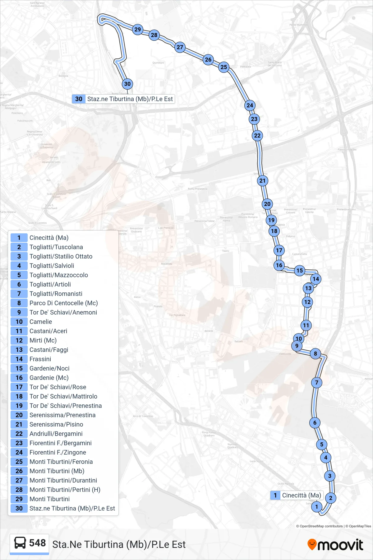 Linea 548 bus (Sta.Ne Tiburtina (Mb)/P.Le Est) - Percorsi e fermate sulla mappa