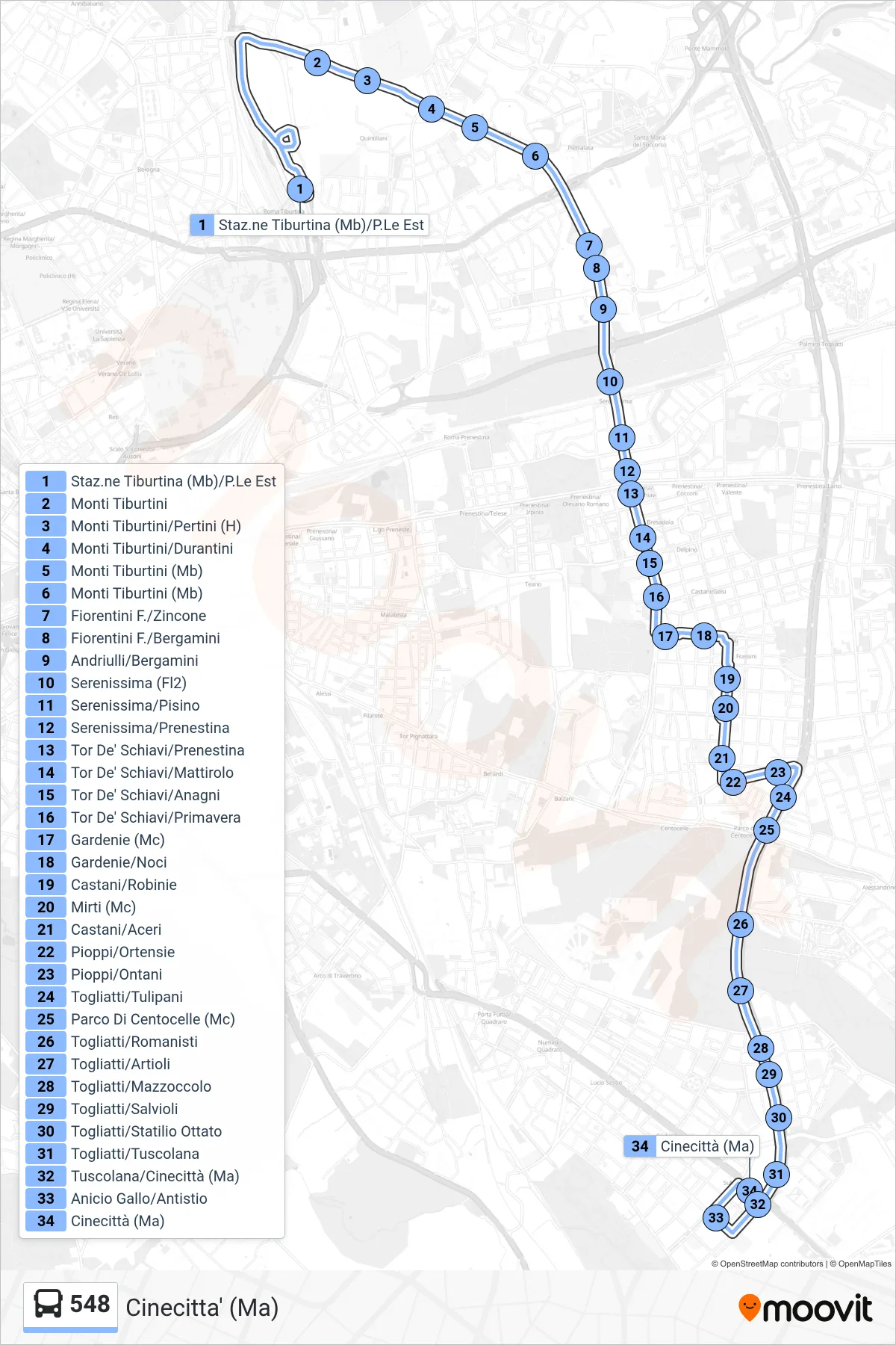 Linea 548 bus (Cinecitta' (Ma)) - Percorsi e fermate sulla mappa