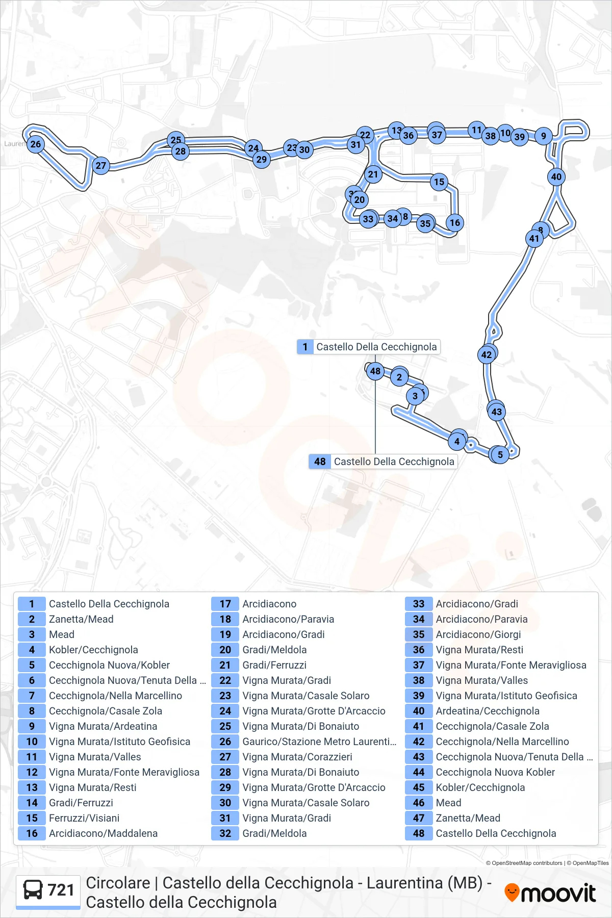 Linea 721 bus (Castello Della Cecchignola) - Percorsi e fermate sulla mappa