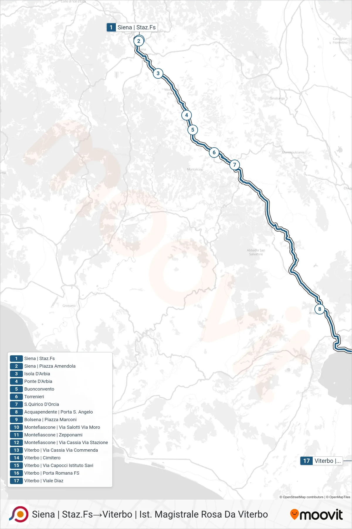 Linea COTRAL  bus (Siena | Staz.Fs‎→Viterbo | Ist. Magistrale Rosa Da Viterbo) - Percorsi e fermate sulla mappa